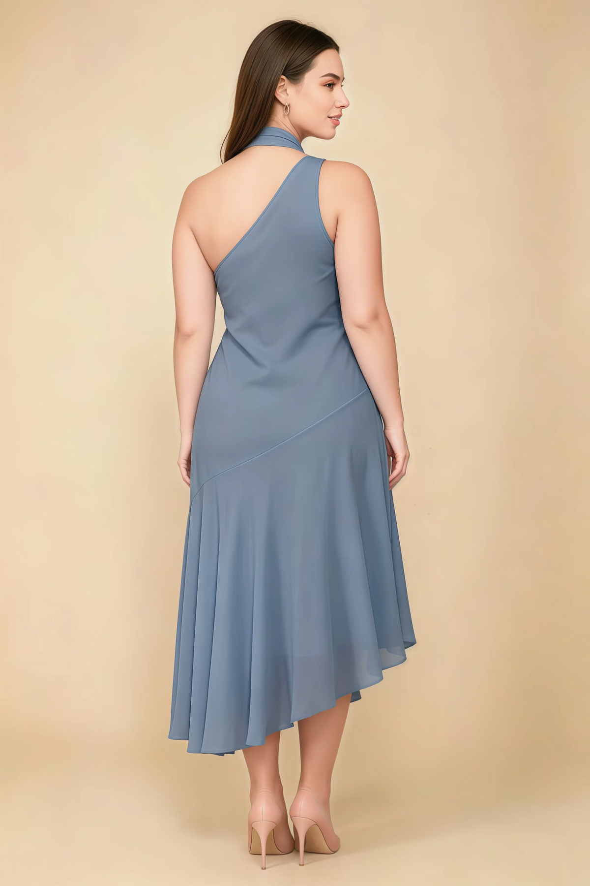 Alma Dusty Blue Chiffon One Shoulder Midi Dress with Scarf