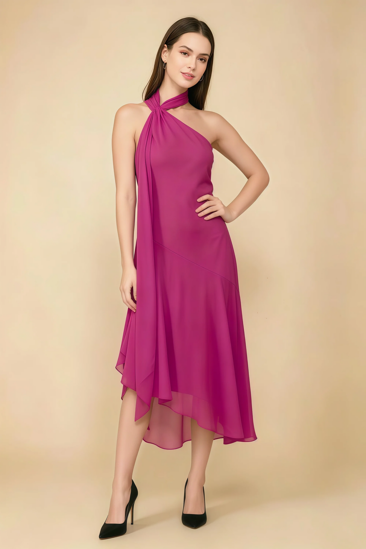 Alma Fuchsia Chiffon One Shoulder Midi Dress with Scarf