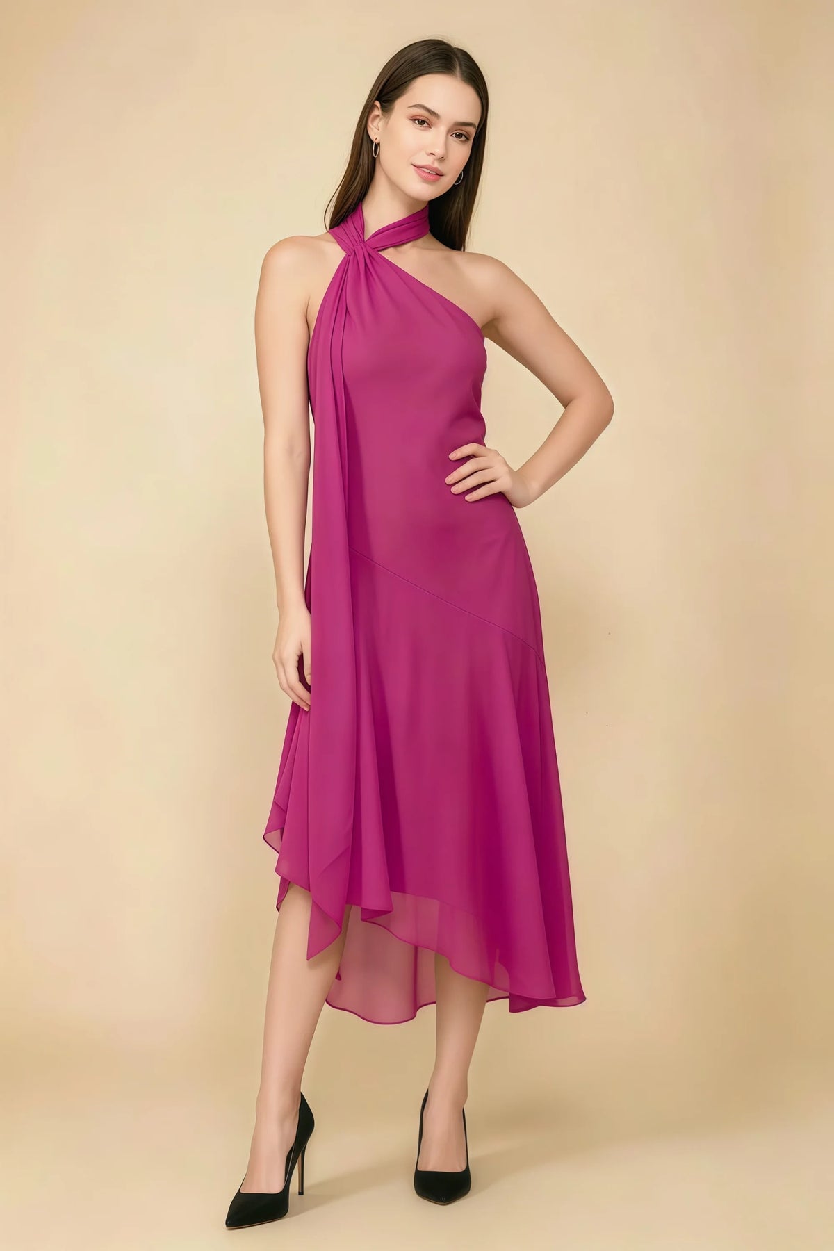Alma Fuchsia Chiffon One Shoulder Midi Dress with Scarf Imagen principal del producto