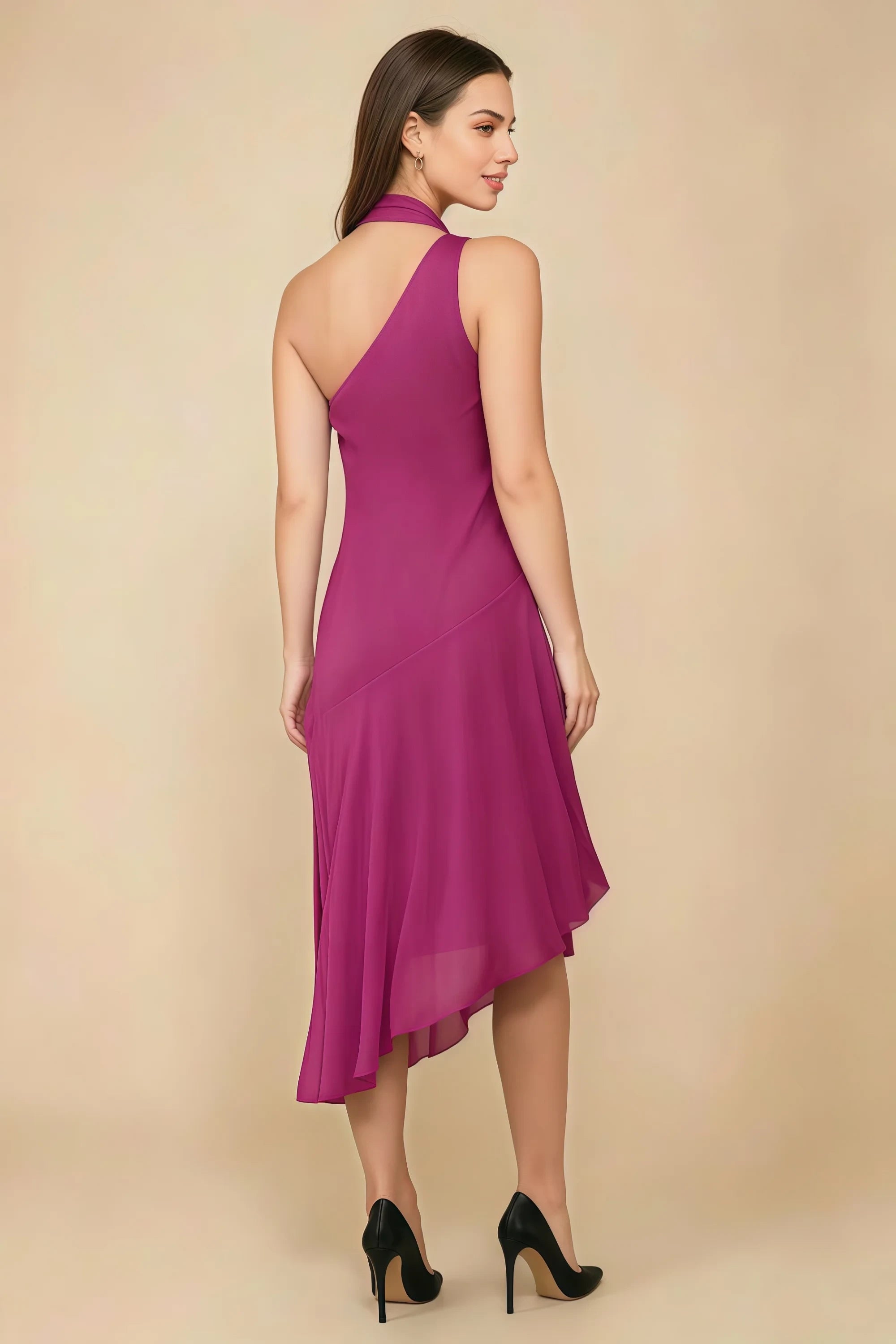 Alma Fuchsia Chiffon One Shoulder Midi Dress with Scarf Imagen secundaria del producto