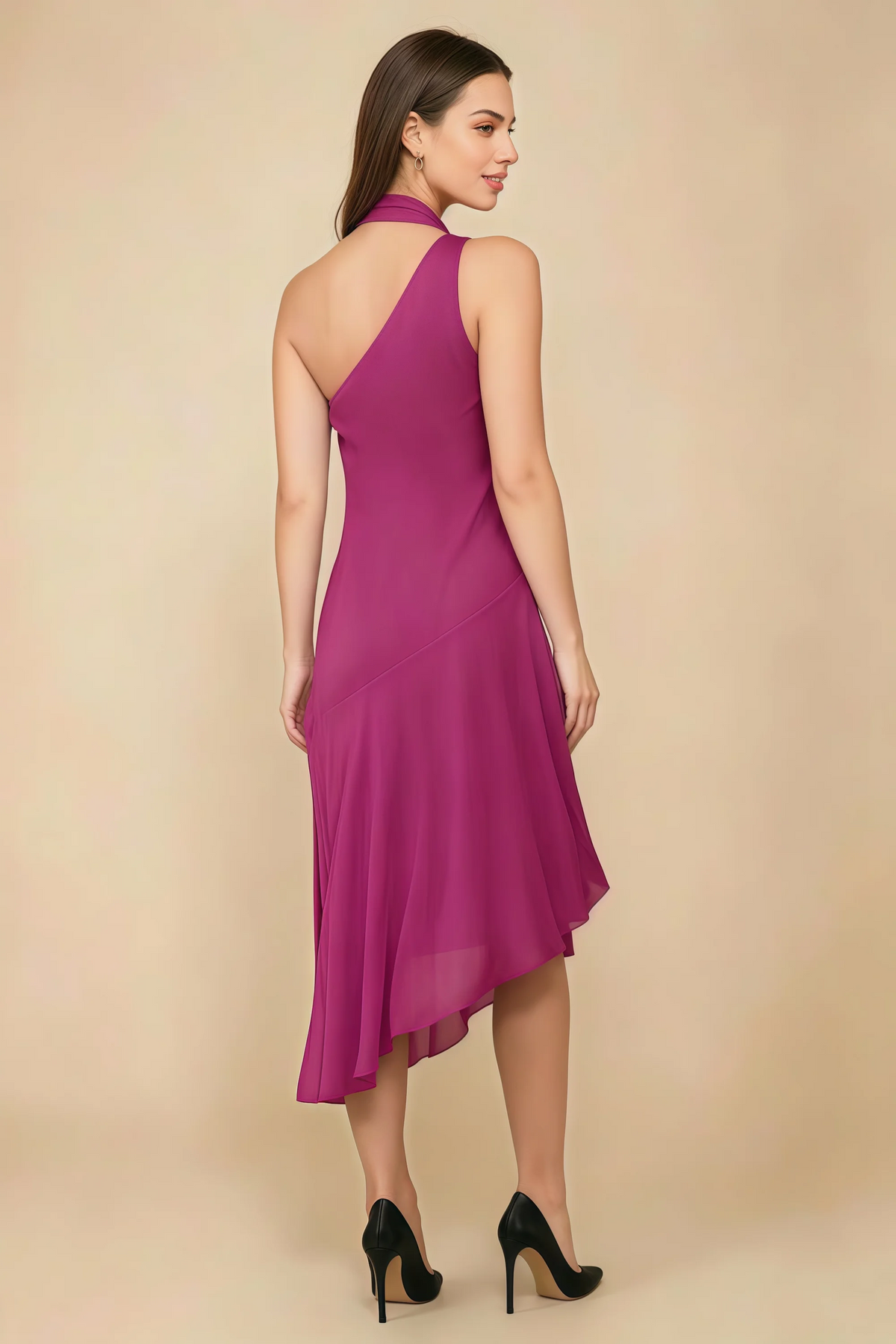 Alma Fuchsia Chiffon One Shoulder Midi Dress with Scarf