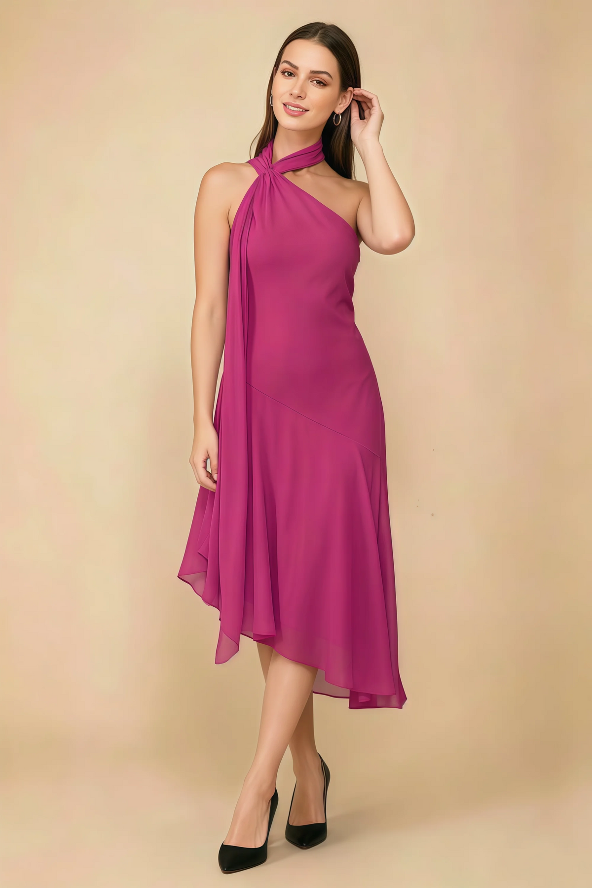 Alma Fuchsia Chiffon One Shoulder Midi Dress with Scarf