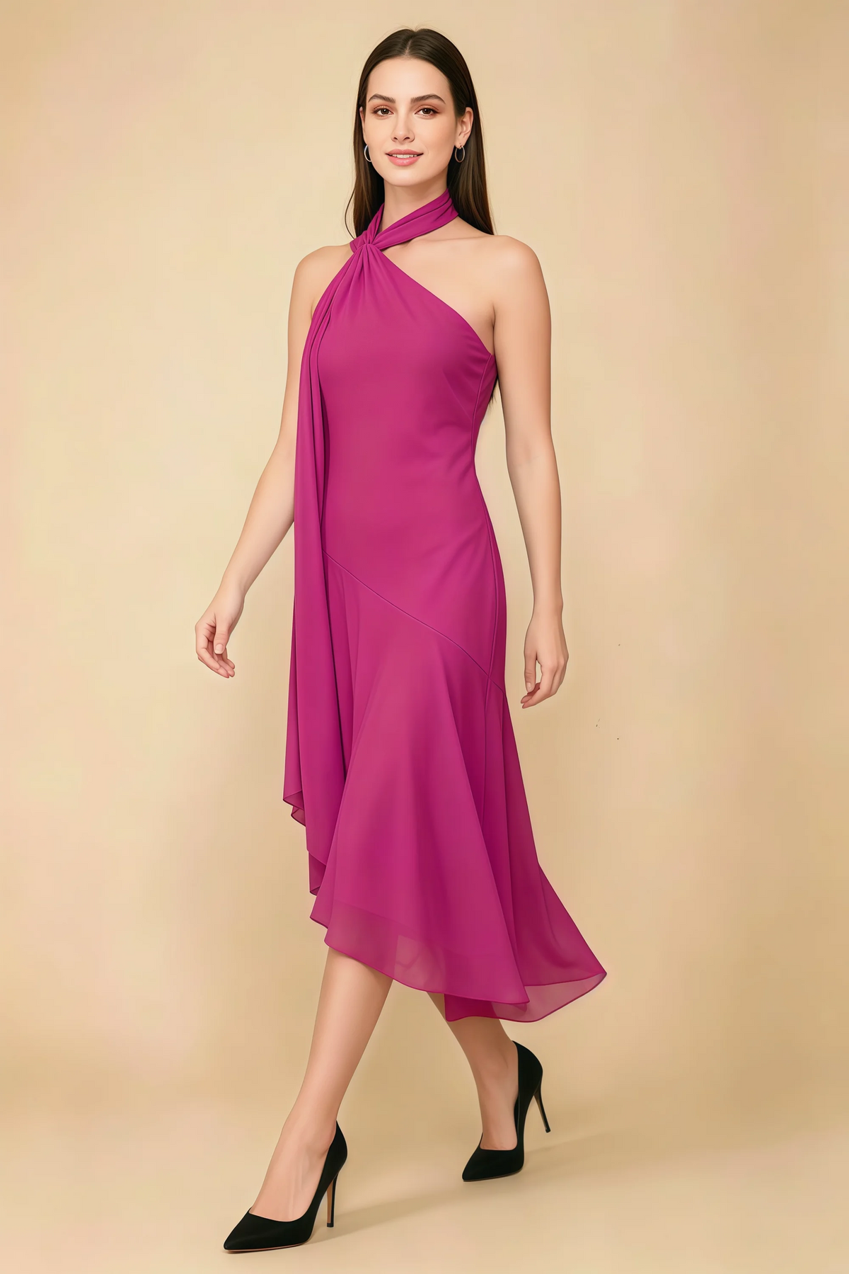 Alma Fuchsia Chiffon One Shoulder Midi Dress with Scarf