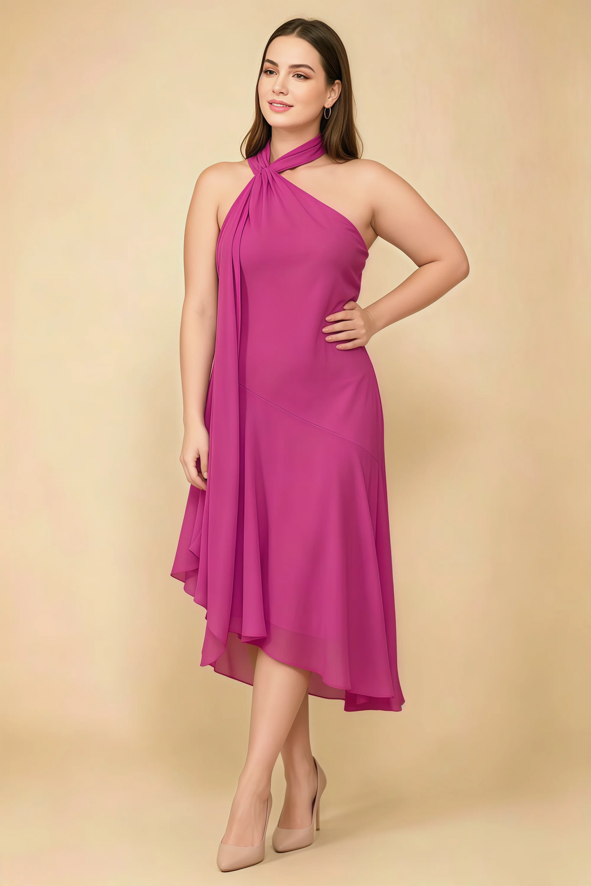 Alma Fuchsia Chiffon One Shoulder Midi Dress with Scarf