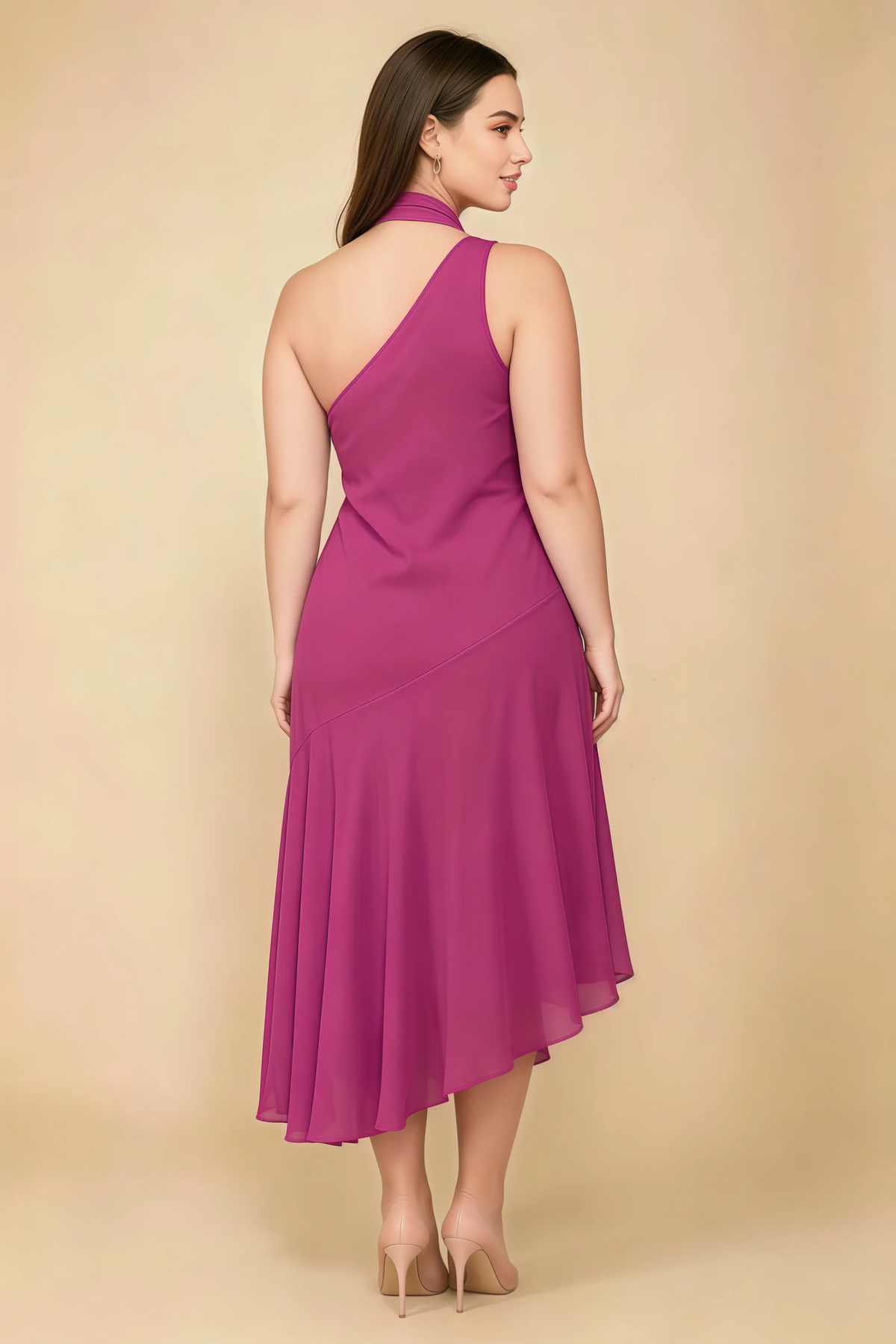 Alma Fuchsia Chiffon One Shoulder Midi Dress with Scarf
