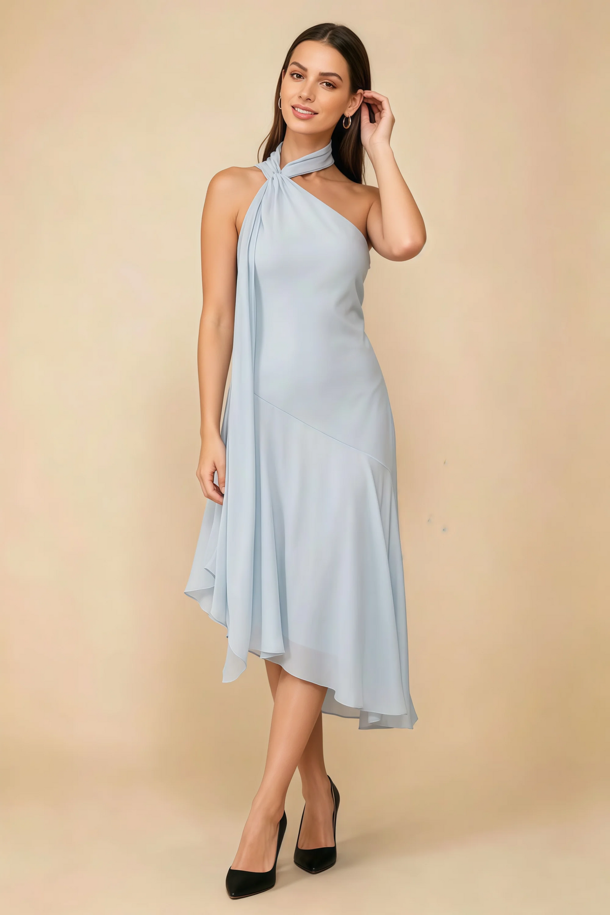 Alma Ice Blue Chiffon One Shoulder Midi Dress with Scarf