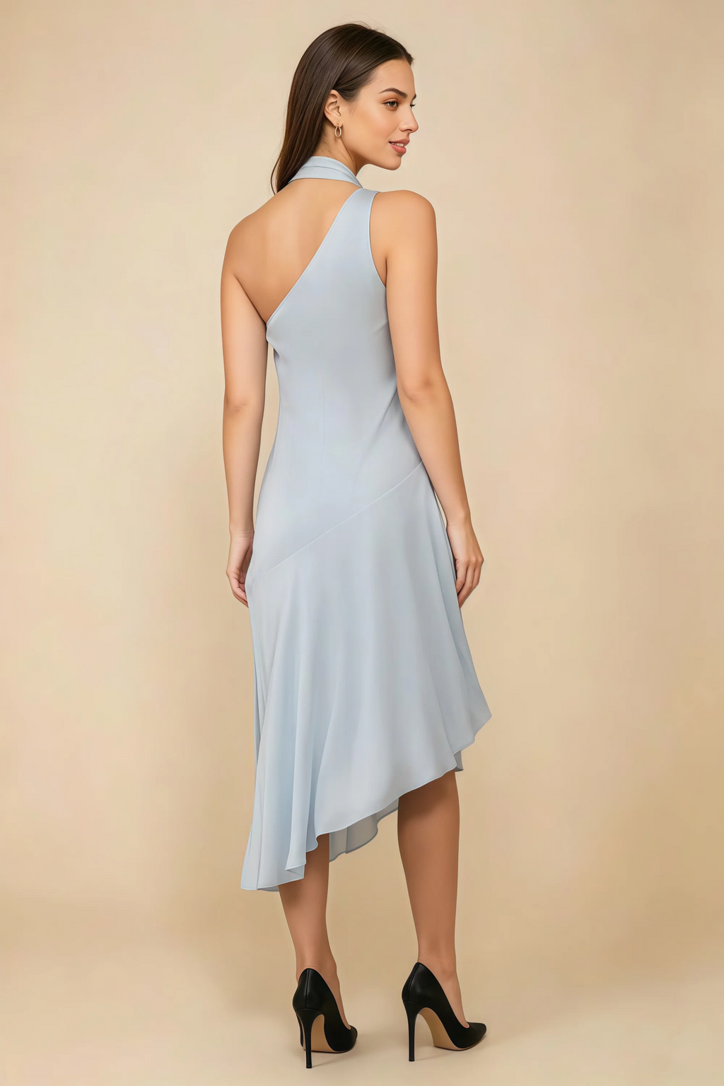Alma Ice Blue Chiffon One Shoulder Midi Dress with Scarf