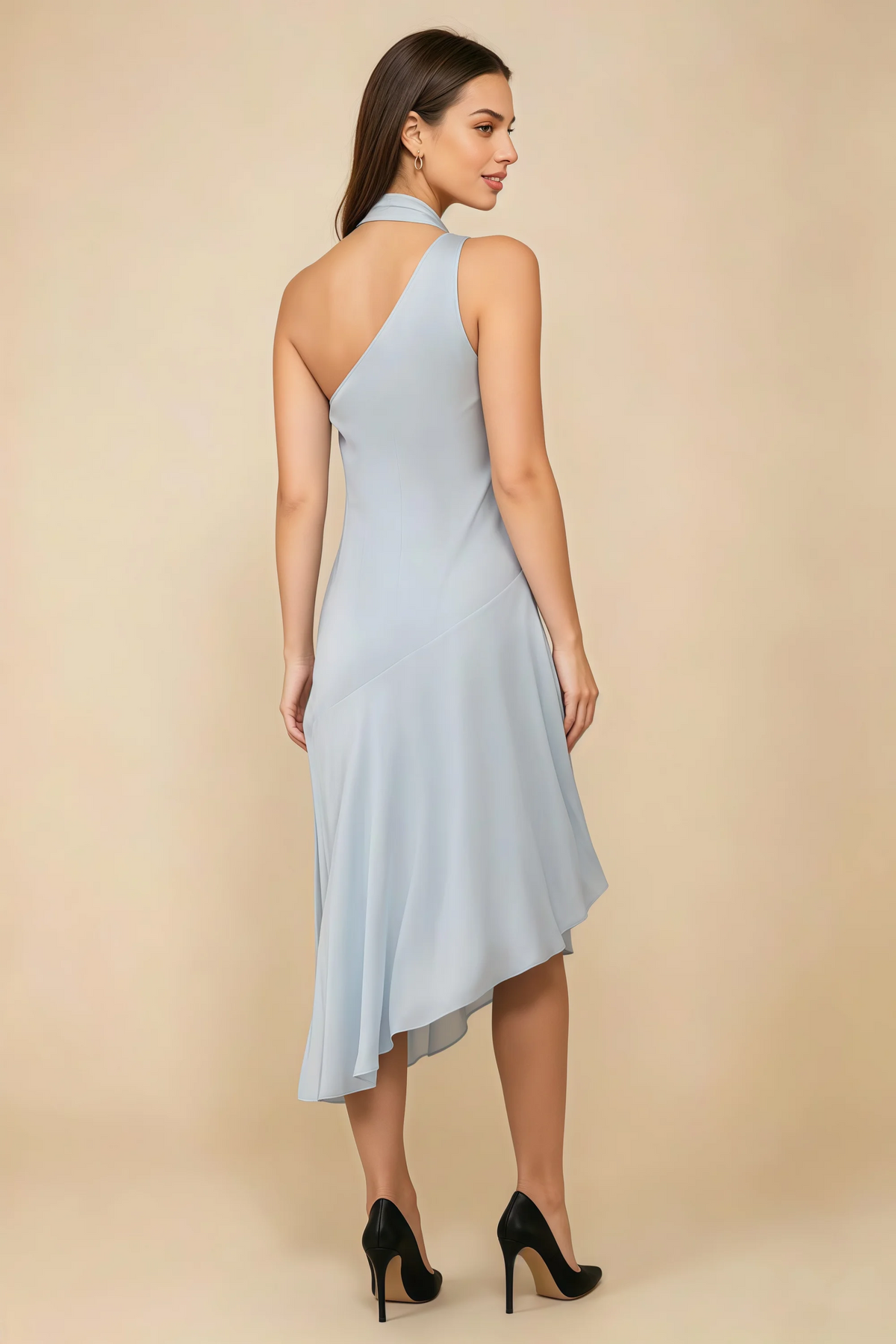 Alma Ice Blue Chiffon One Shoulder Midi Dress with Scarf
