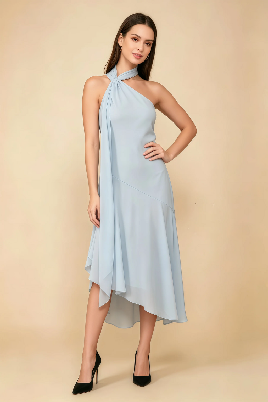 Alma Ice Blue Chiffon One Shoulder Midi Dress with Scarf