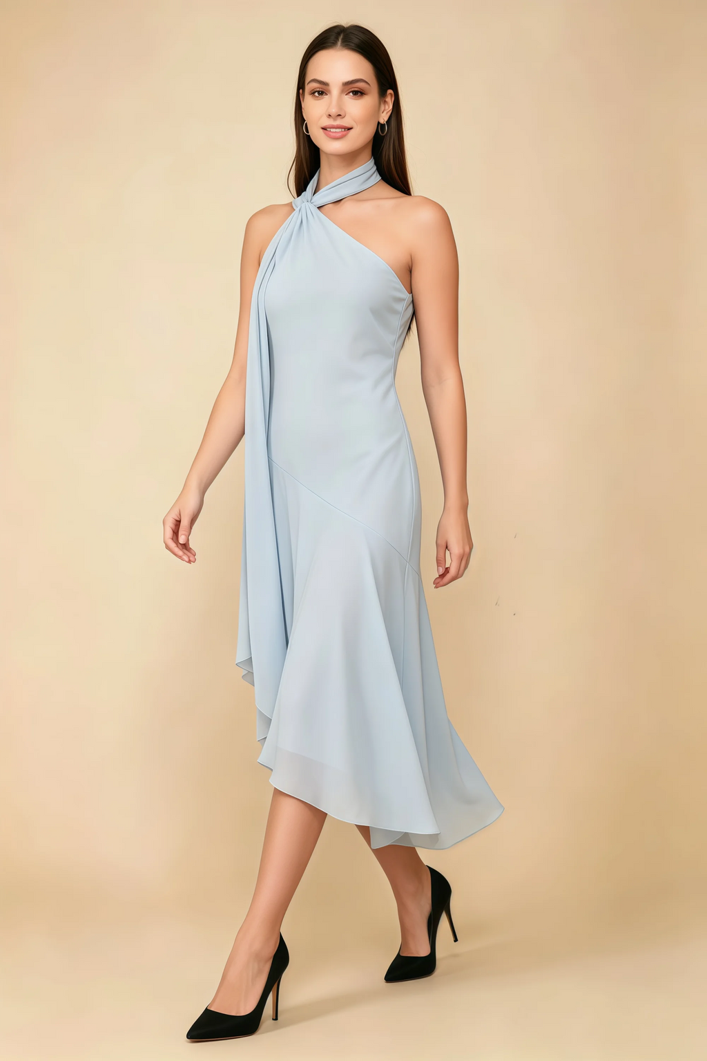 Alma Ice Blue Chiffon One Shoulder Midi Dress with Scarf