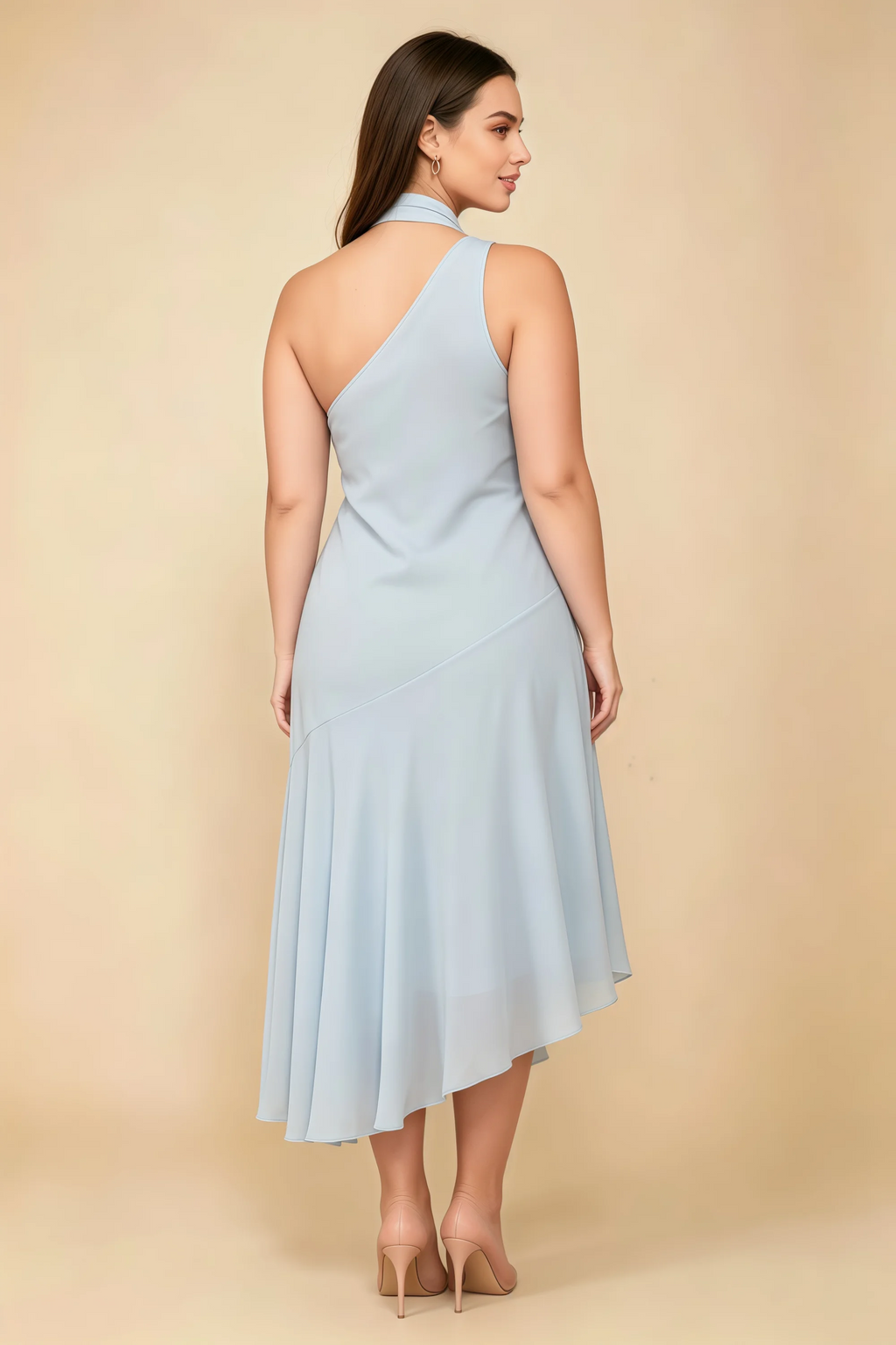 Alma Ice Blue Chiffon One Shoulder Midi Dress with Scarf