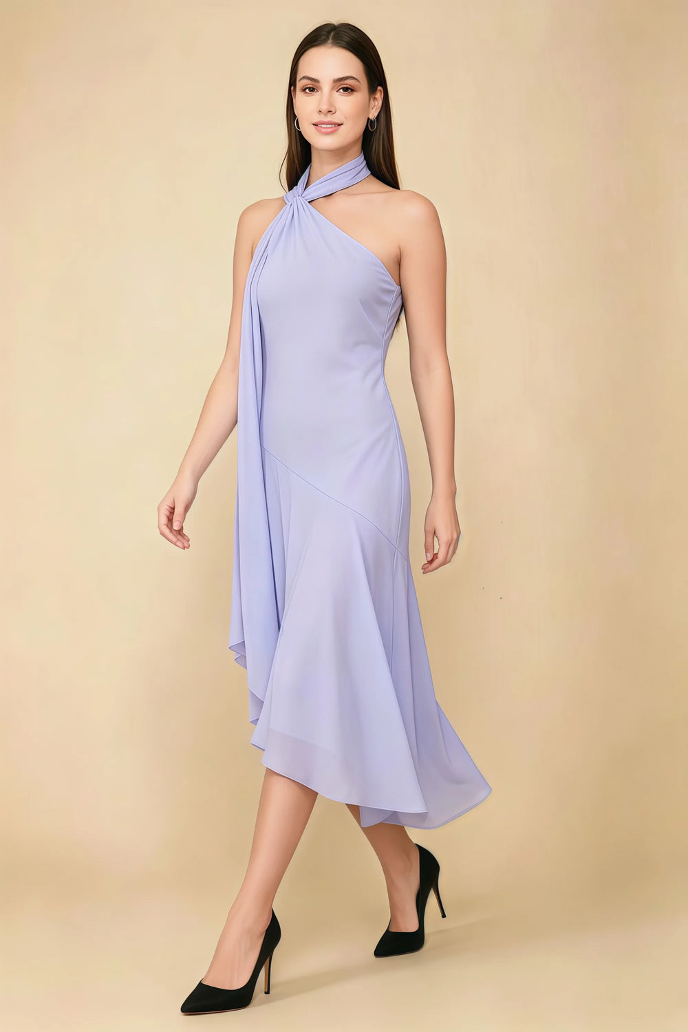 Translation missing: en.Front view of the LVLVS Alma lavender midi dress, showing the asymmetric neckline, draped neck scarf and flowing uneven hem. content.product_image_main