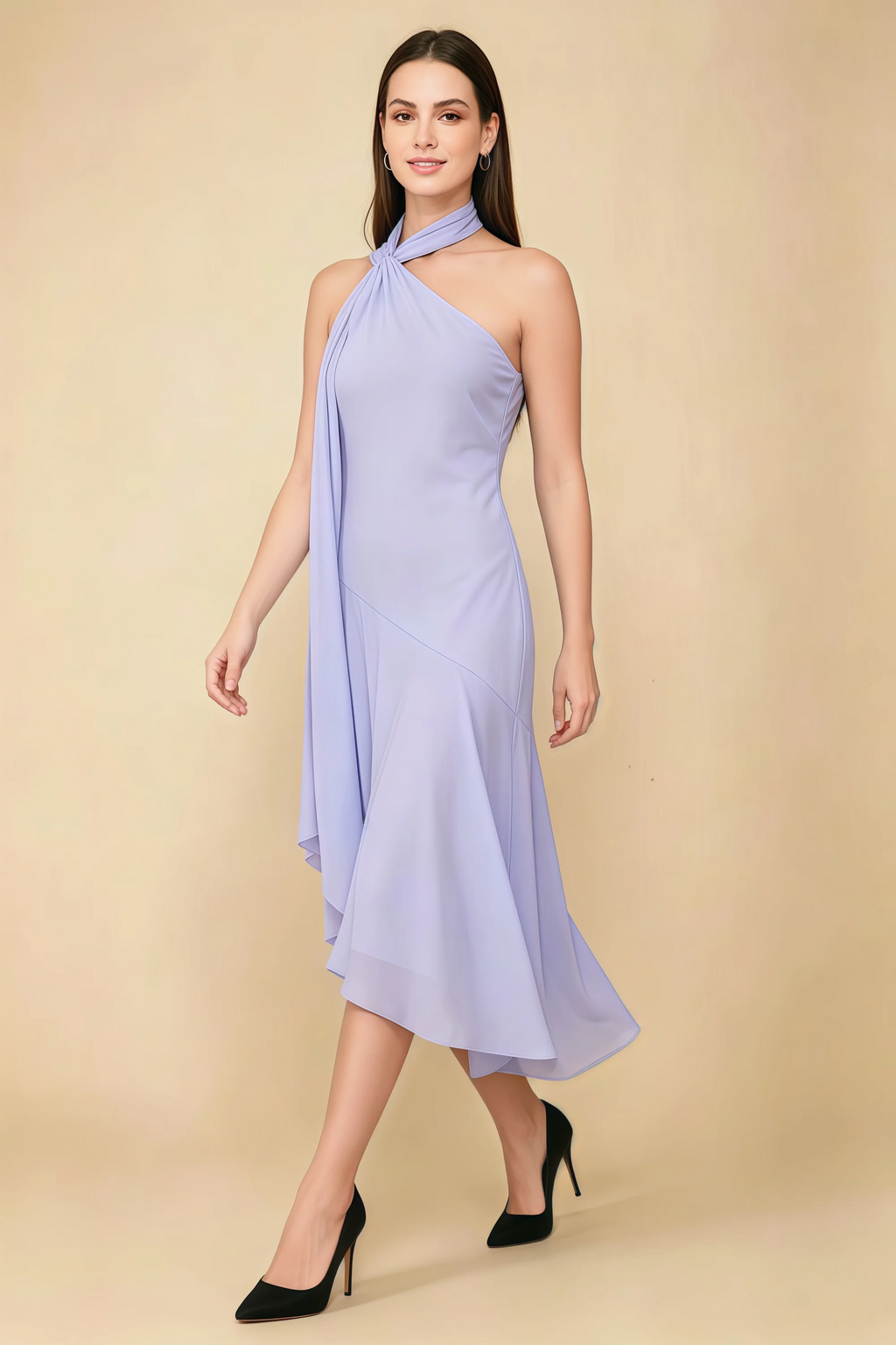 Alma Lavender Chiffon One Shoulder Midi Dress with Scarf
