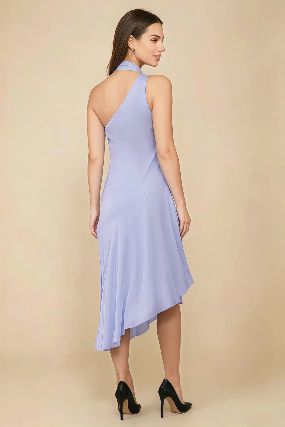 Translation missing: en.Rear three-quarter view of the LVLVS Alma lavender midi dress, showing the diagonal back neckline and asymmetric midi skirt. content.product_image_secondary