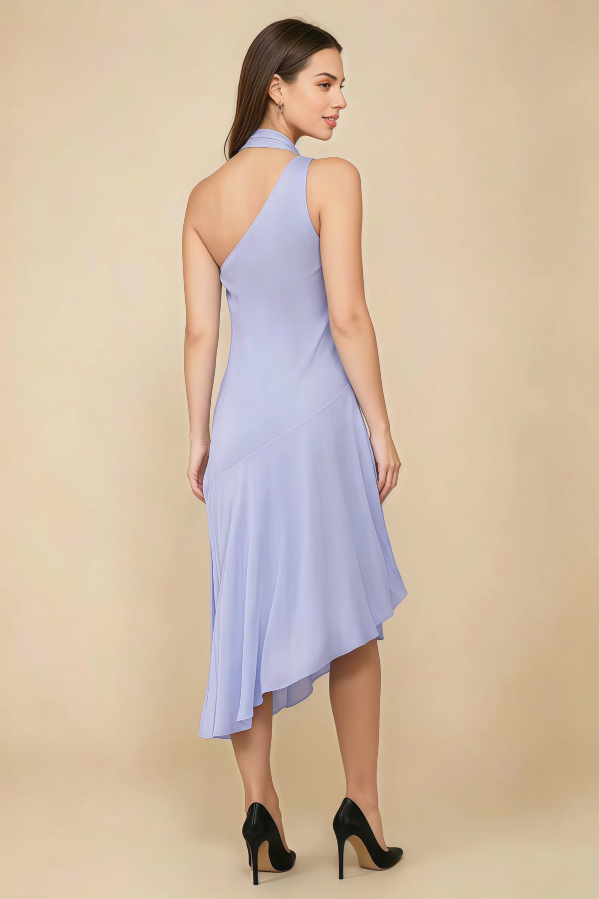 Alma Lavender Chiffon One Shoulder Midi Dress with Scarf