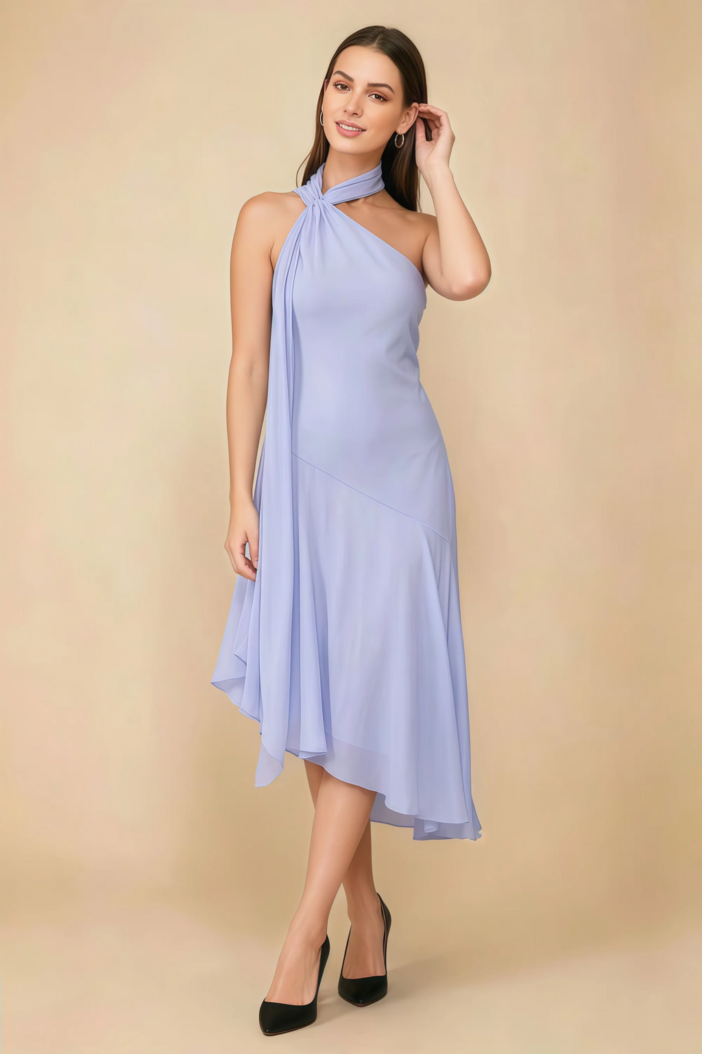 Alma Lavender Chiffon One Shoulder Midi Dress with Scarf