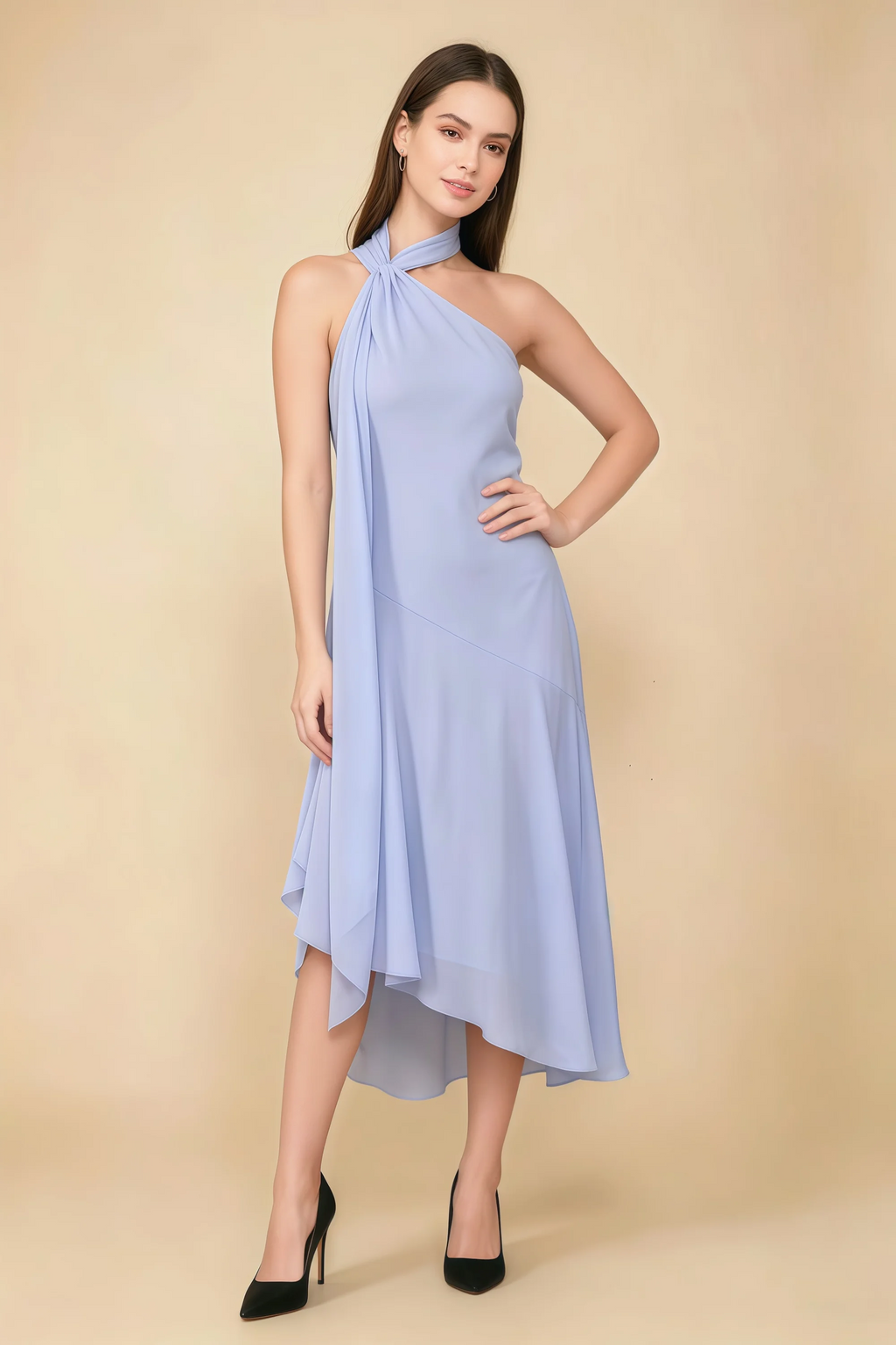 Alma Lavender Chiffon One Shoulder Midi Dress with Scarf