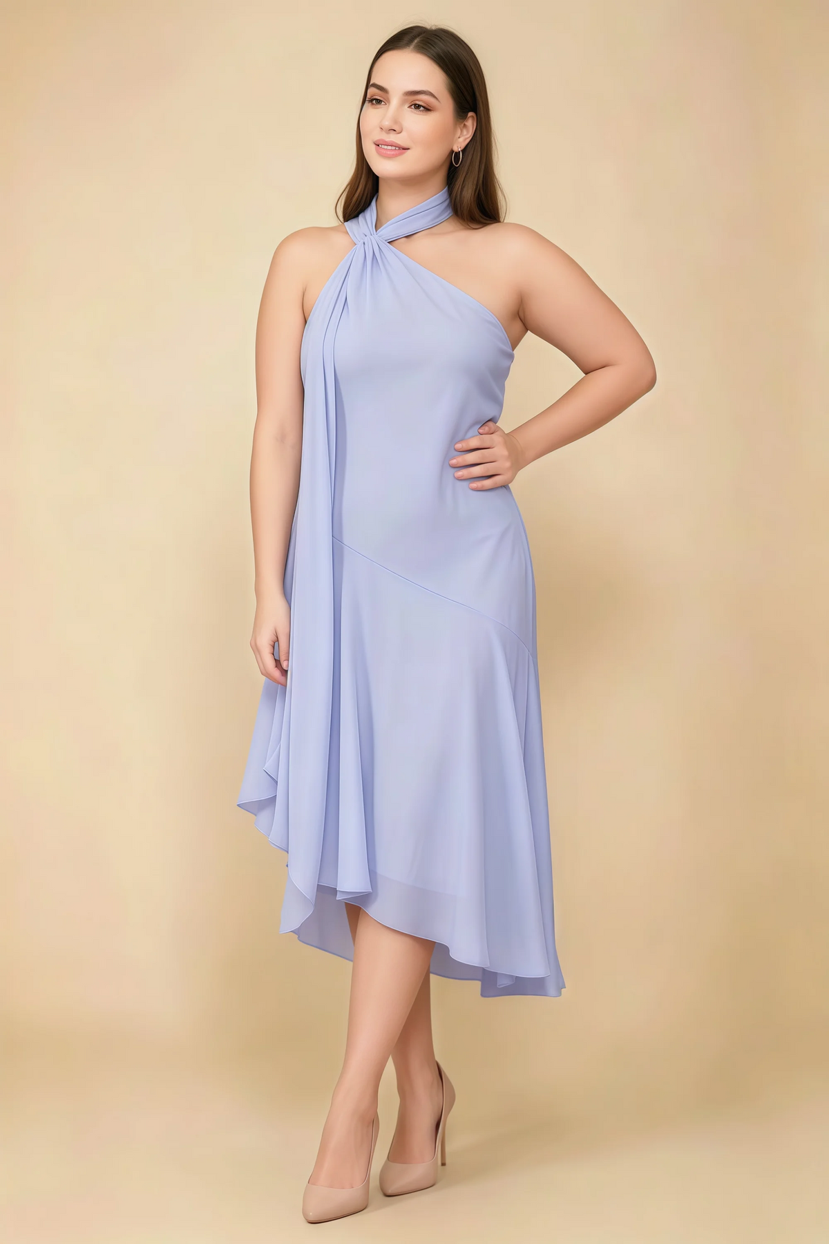 Alma Lavender Chiffon One Shoulder Midi Dress with Scarf