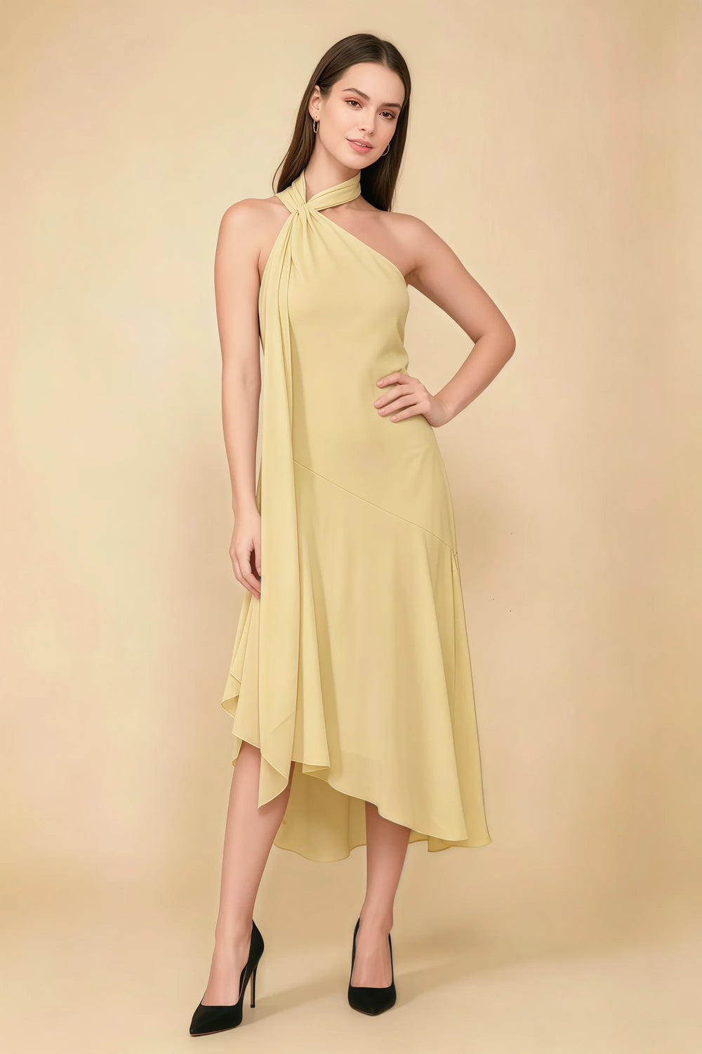 Translation missing: en.Front view of the LVLVS Alma lemon midi dress, showing the asymmetric neckline, draped neck scarf and flowing uneven hem. content.product_image_main