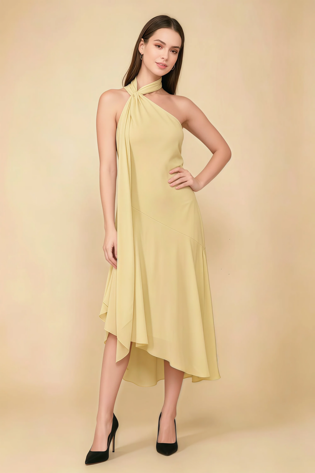 Alma Lemon Chiffon One Shoulder Midi Dress with Scarf Imagen principal del producto