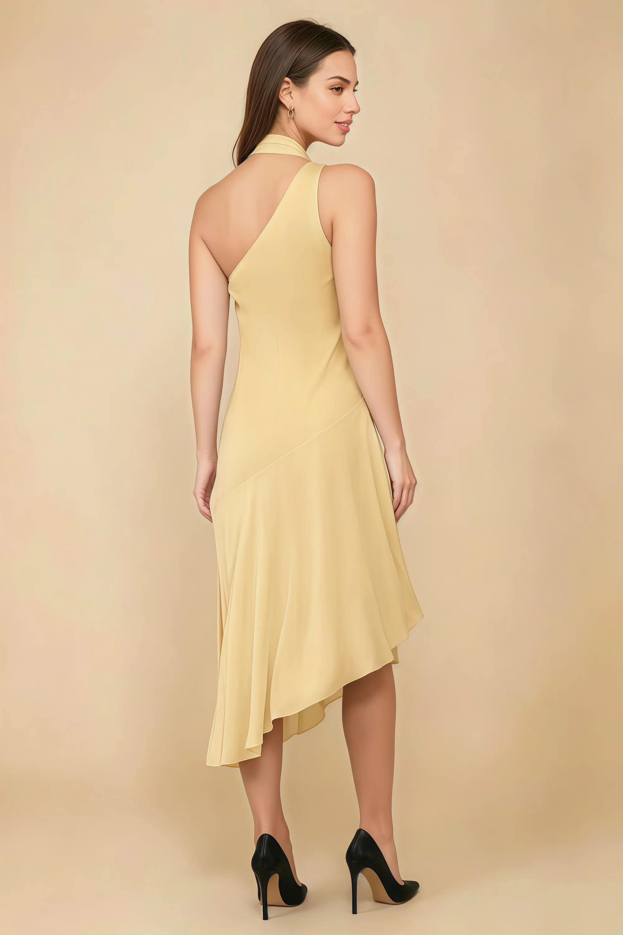 Alma Lemon Chiffon One Shoulder Midi Dress with Scarf Imagen secundaria del producto