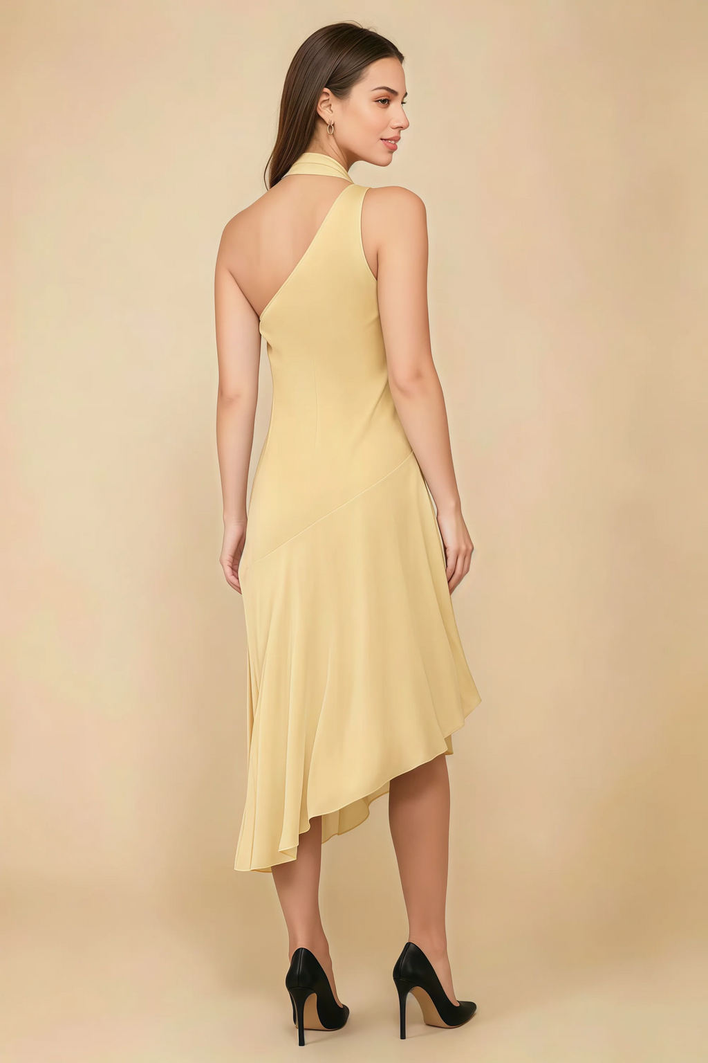 Alma Lemon Chiffon One Shoulder Midi Dress with Scarf