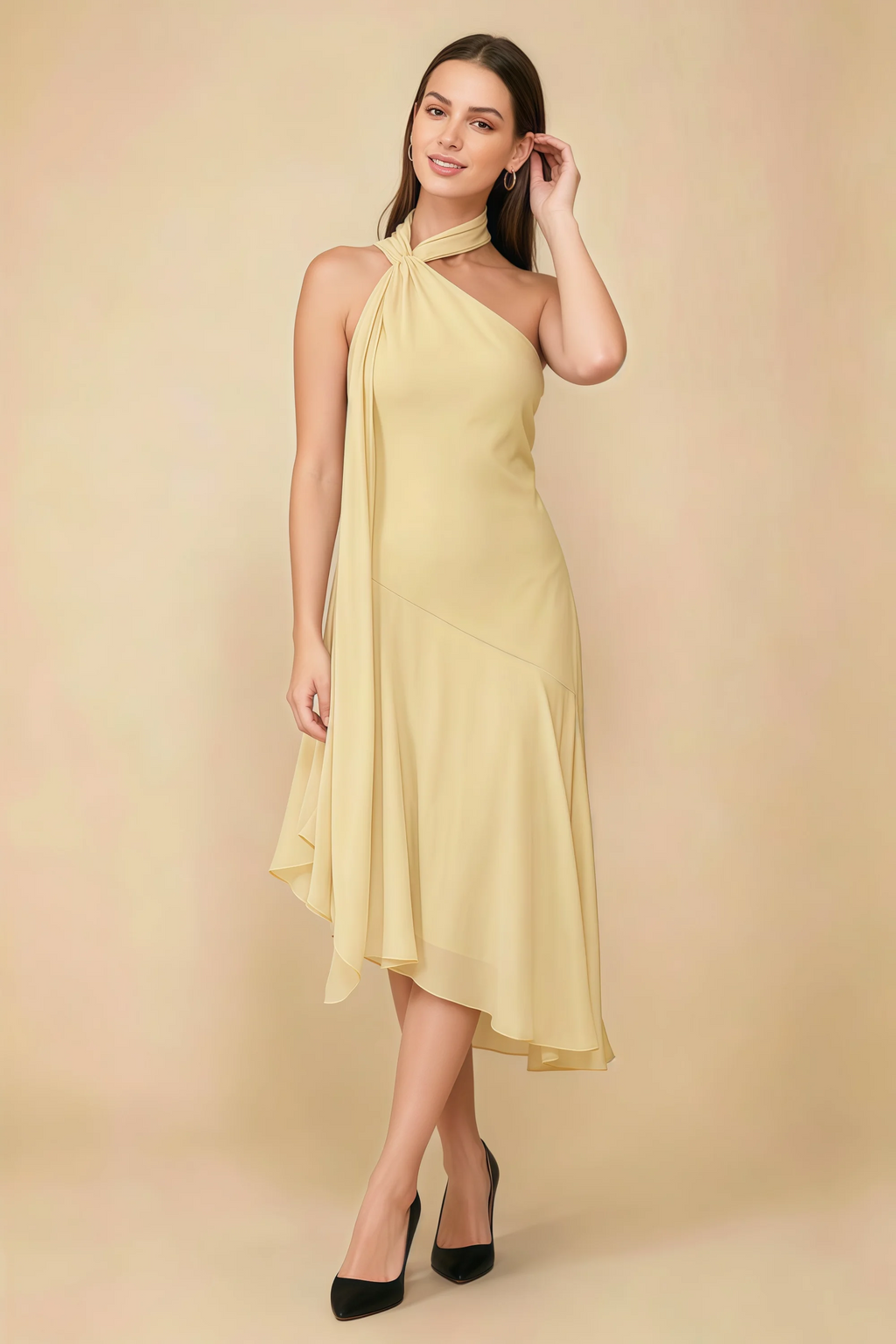 Alma Lemon Chiffon One Shoulder Midi Dress with Scarf