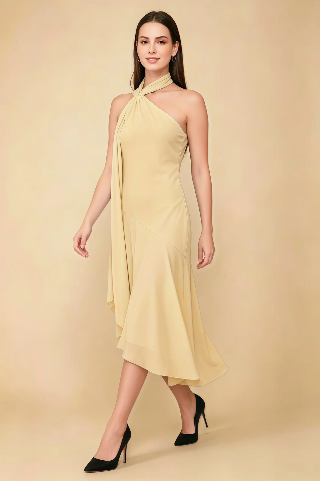 Alma Lemon Chiffon One Shoulder Midi Dress with Scarf