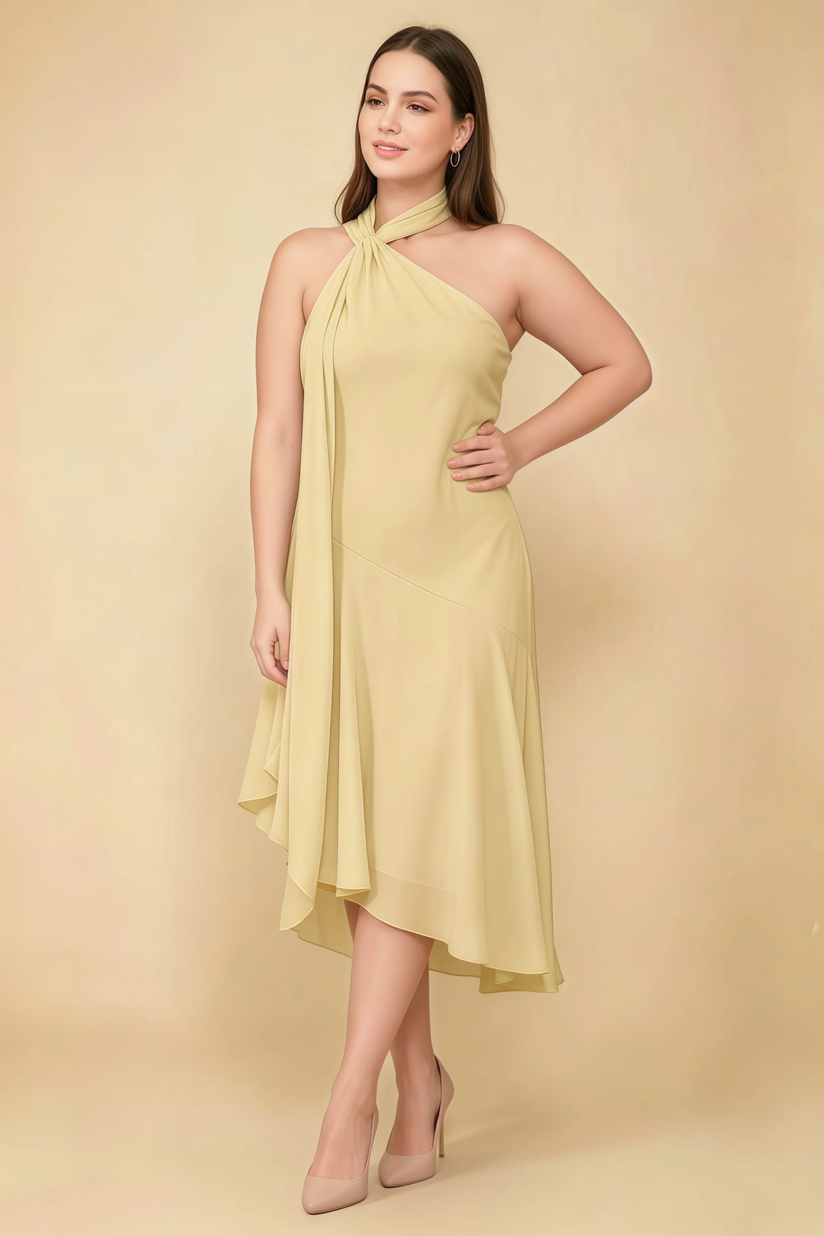 Alma Lemon Chiffon One Shoulder Midi Dress with Scarf