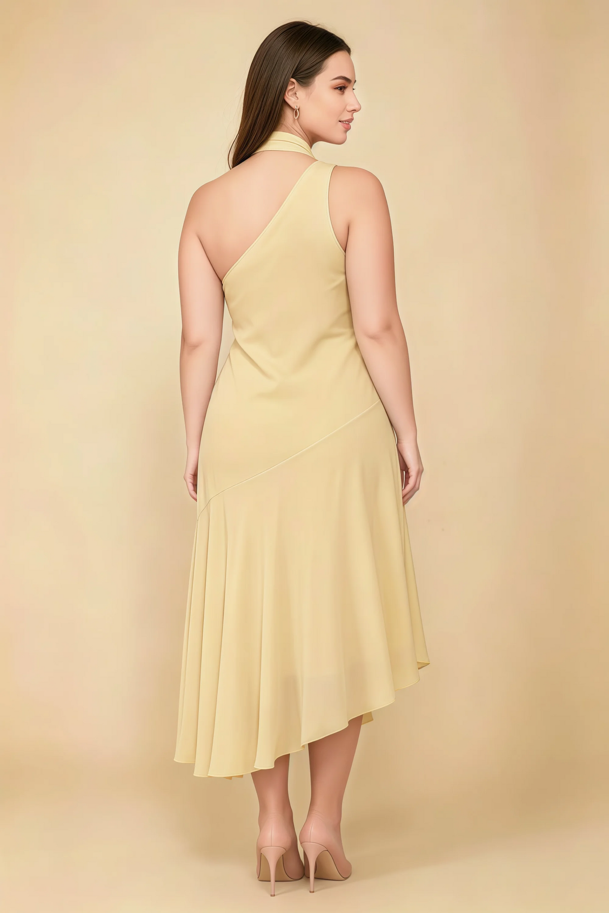 Alma Lemon Chiffon One Shoulder Midi Dress with Scarf