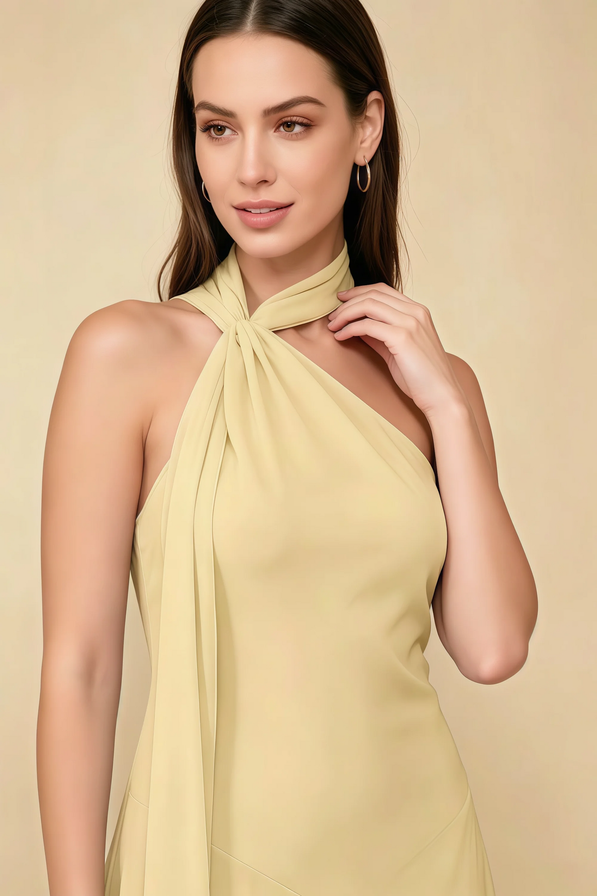 Alma Lemon Chiffon One Shoulder Midi Dress with Scarf