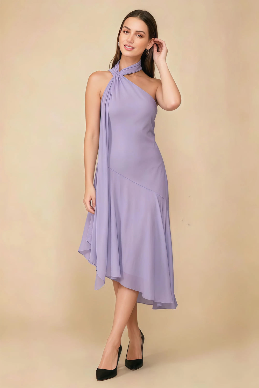Translation missing: en.Front view of the LVLVS Alma lilac midi dress, showing the asymmetric neckline, draped neck scarf and flowing uneven hem. content.product_image_main