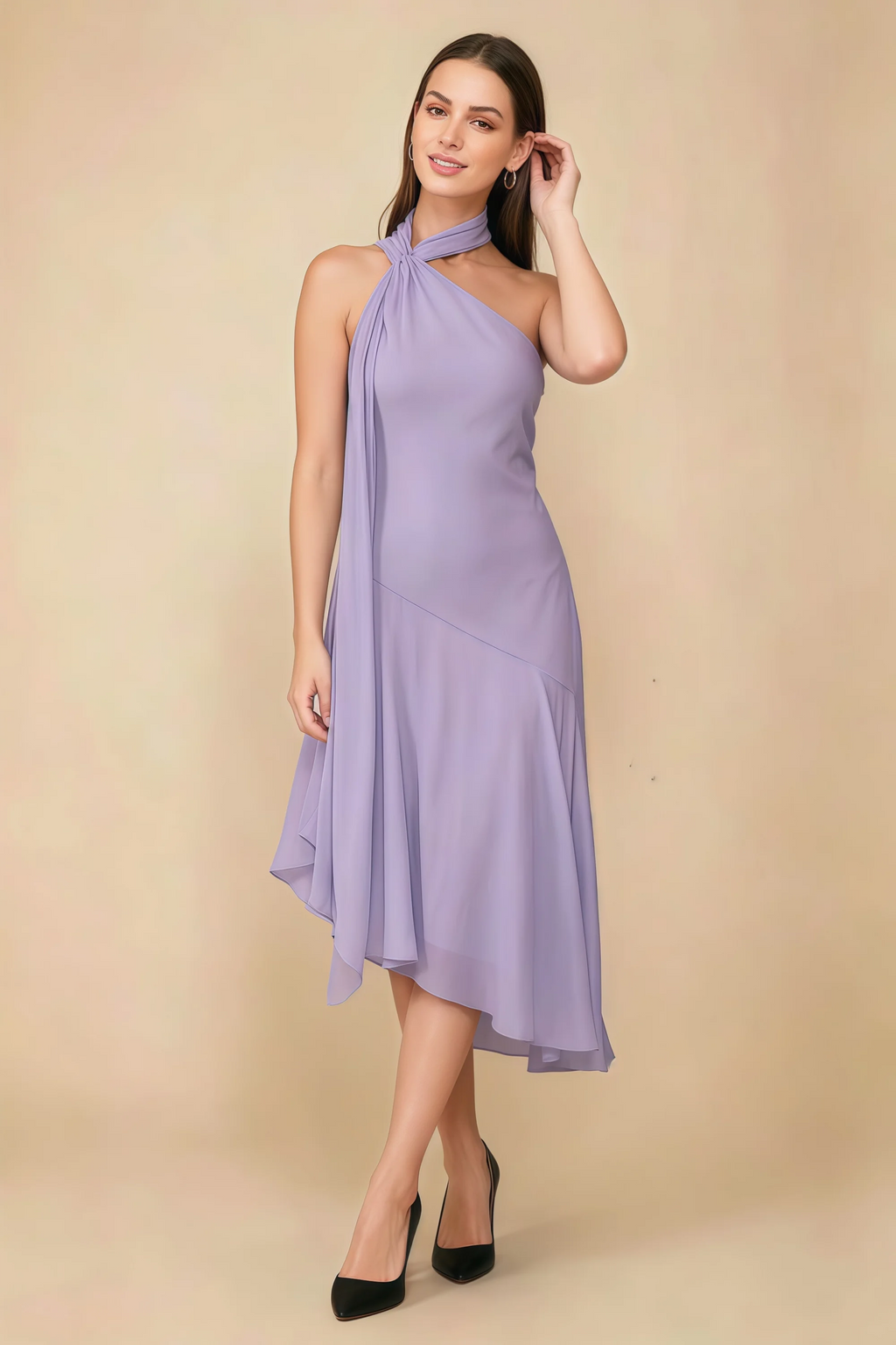 Alma Lilac Chiffon One Shoulder Midi Dress with Scarf
