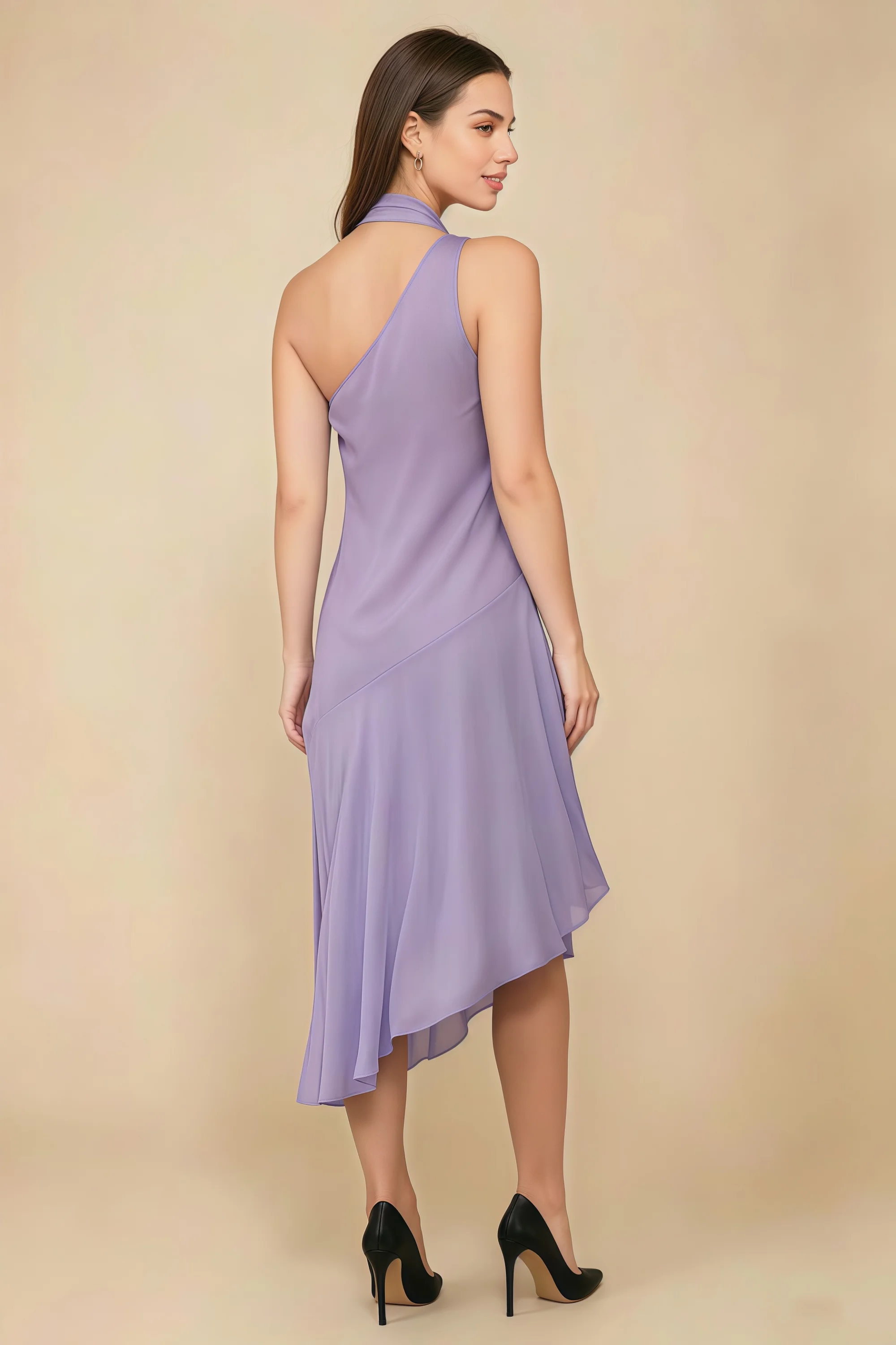 Alma Lilac Chiffon One Shoulder Midi Dress with Scarf Imagen secundaria del producto
