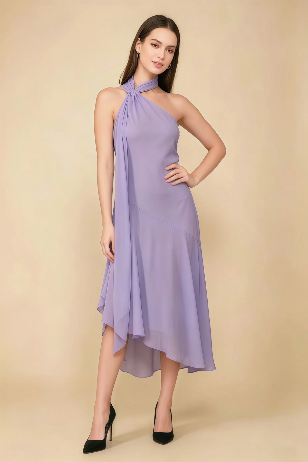 Alma Lilac Chiffon One Shoulder Midi Dress with Scarf