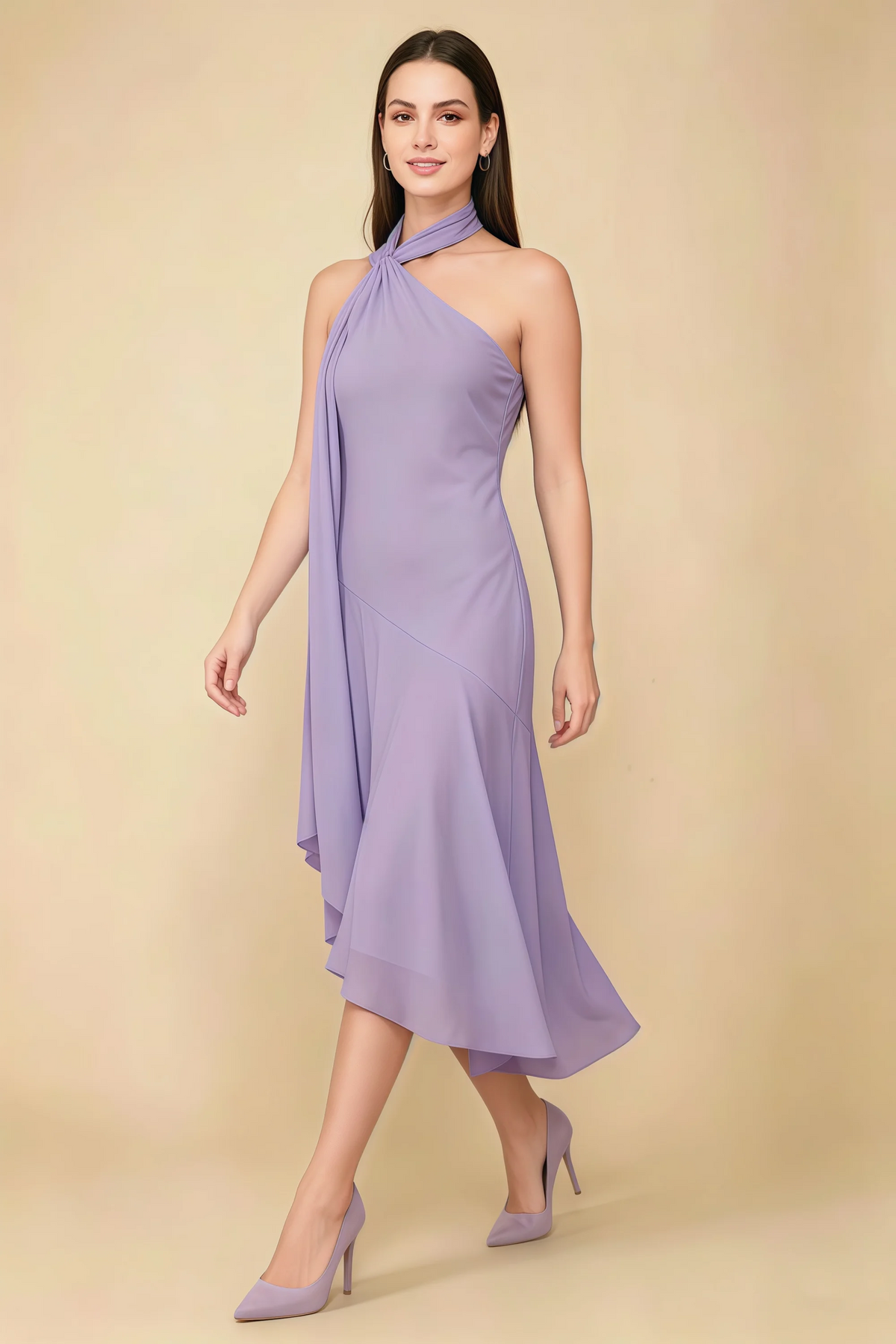 Alma Lilac Chiffon One Shoulder Midi Dress with Scarf