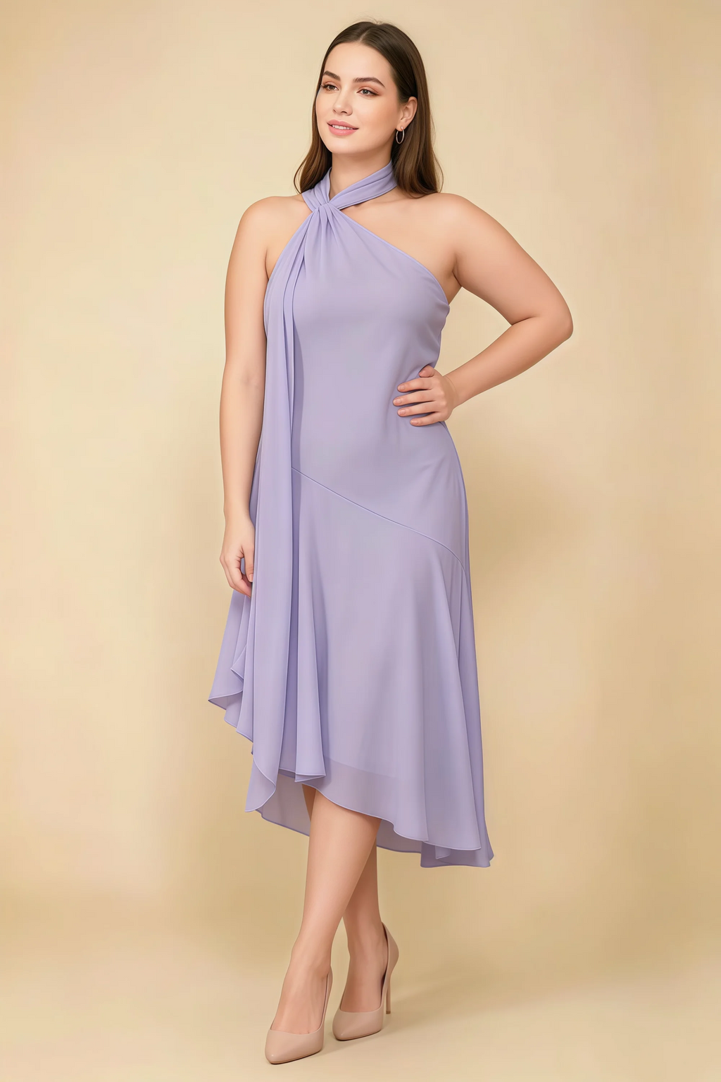 Alma Lilac Chiffon One Shoulder Midi Dress with Scarf