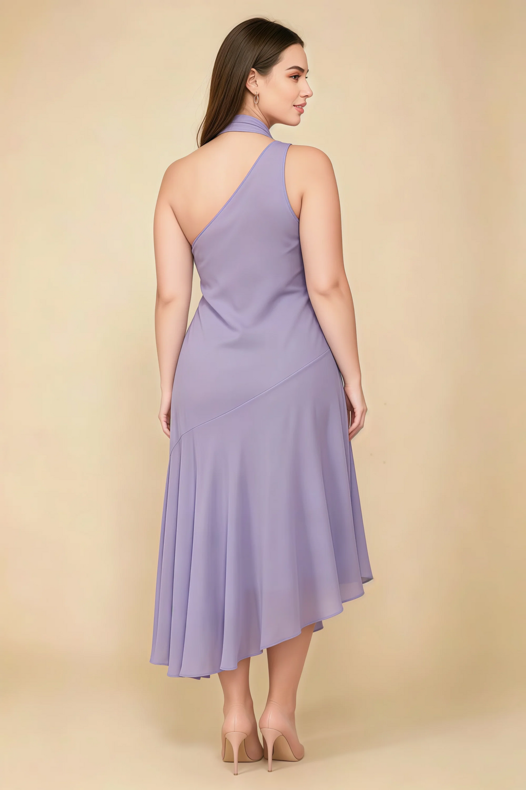 Alma Lilac Chiffon One Shoulder Midi Dress with Scarf