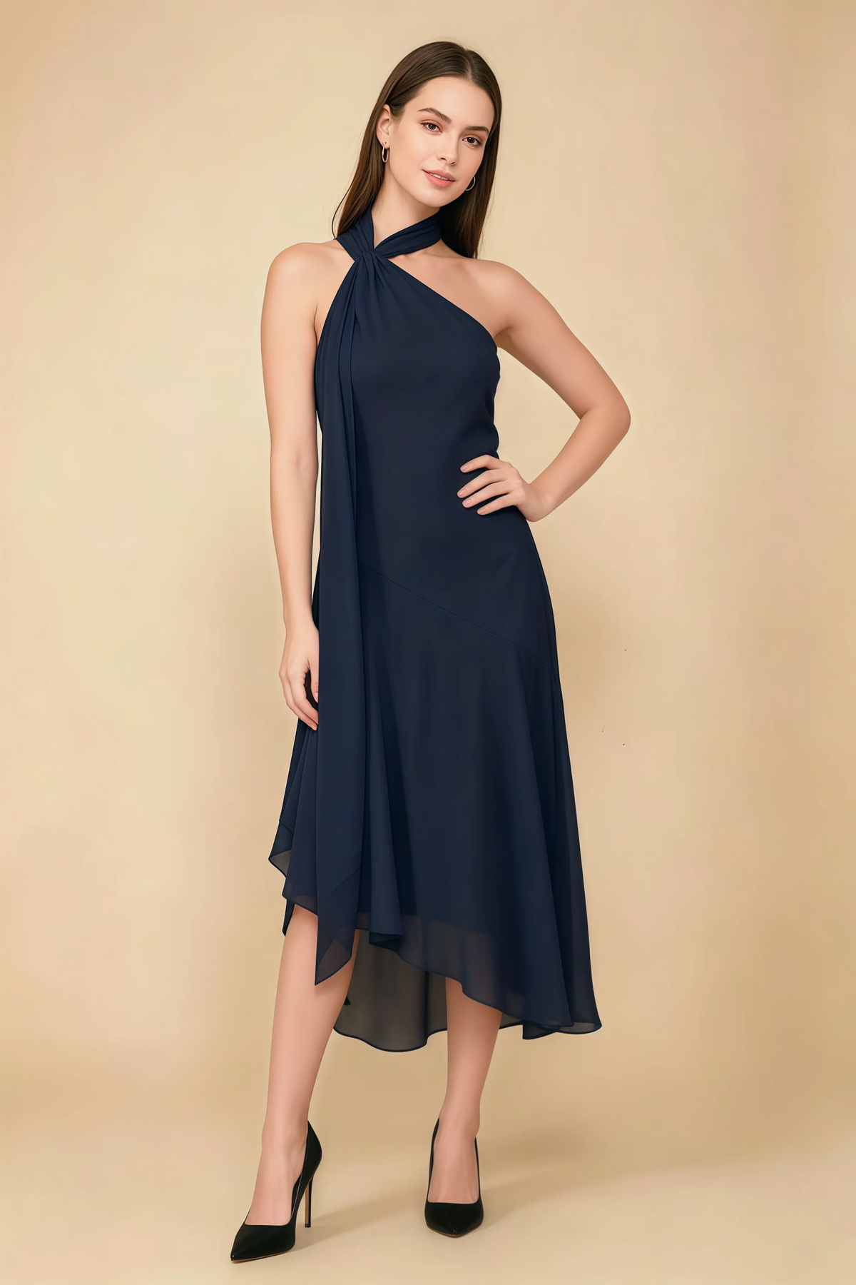 Alma Navy Chiffon One Shoulder Midi Dress with Scarf