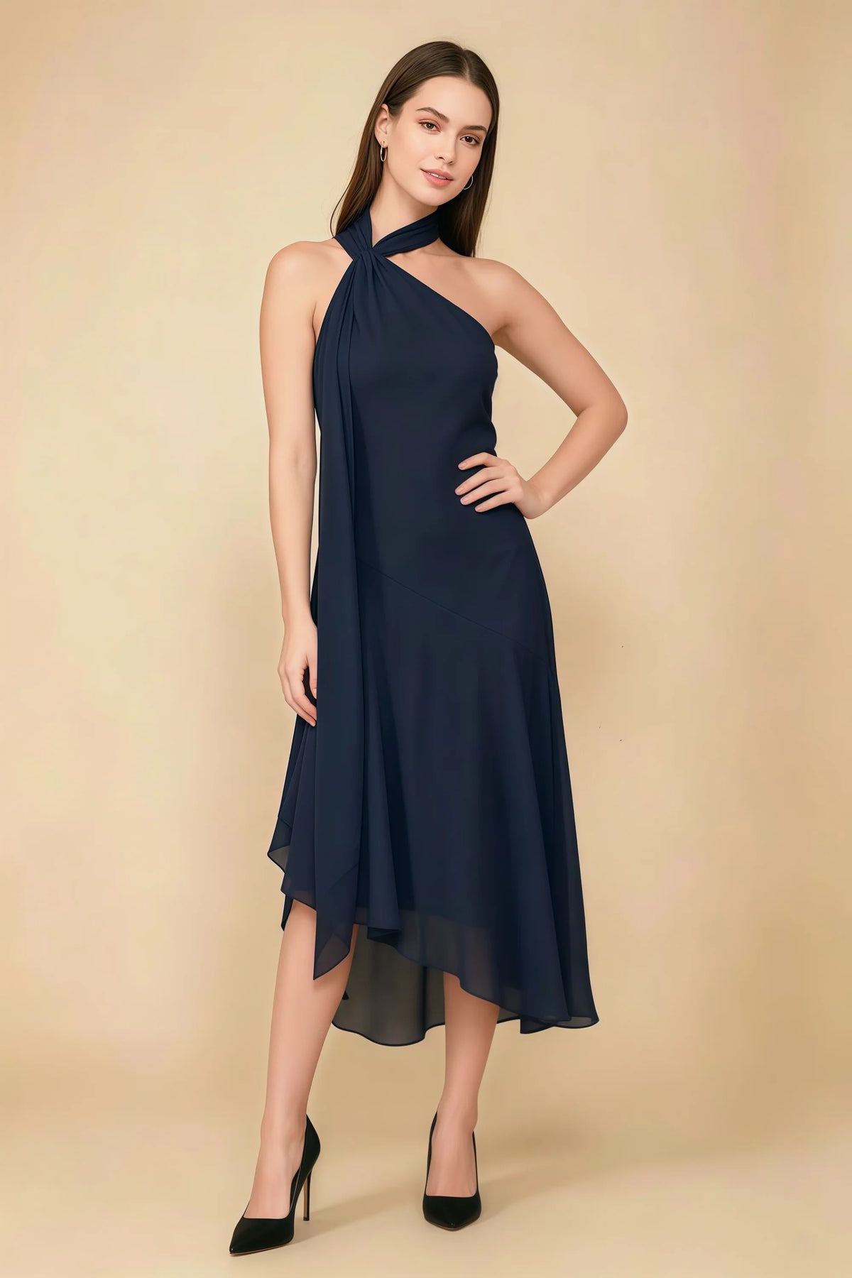 Alma Navy Chiffon One Shoulder Midi Dress with Scarf Main image