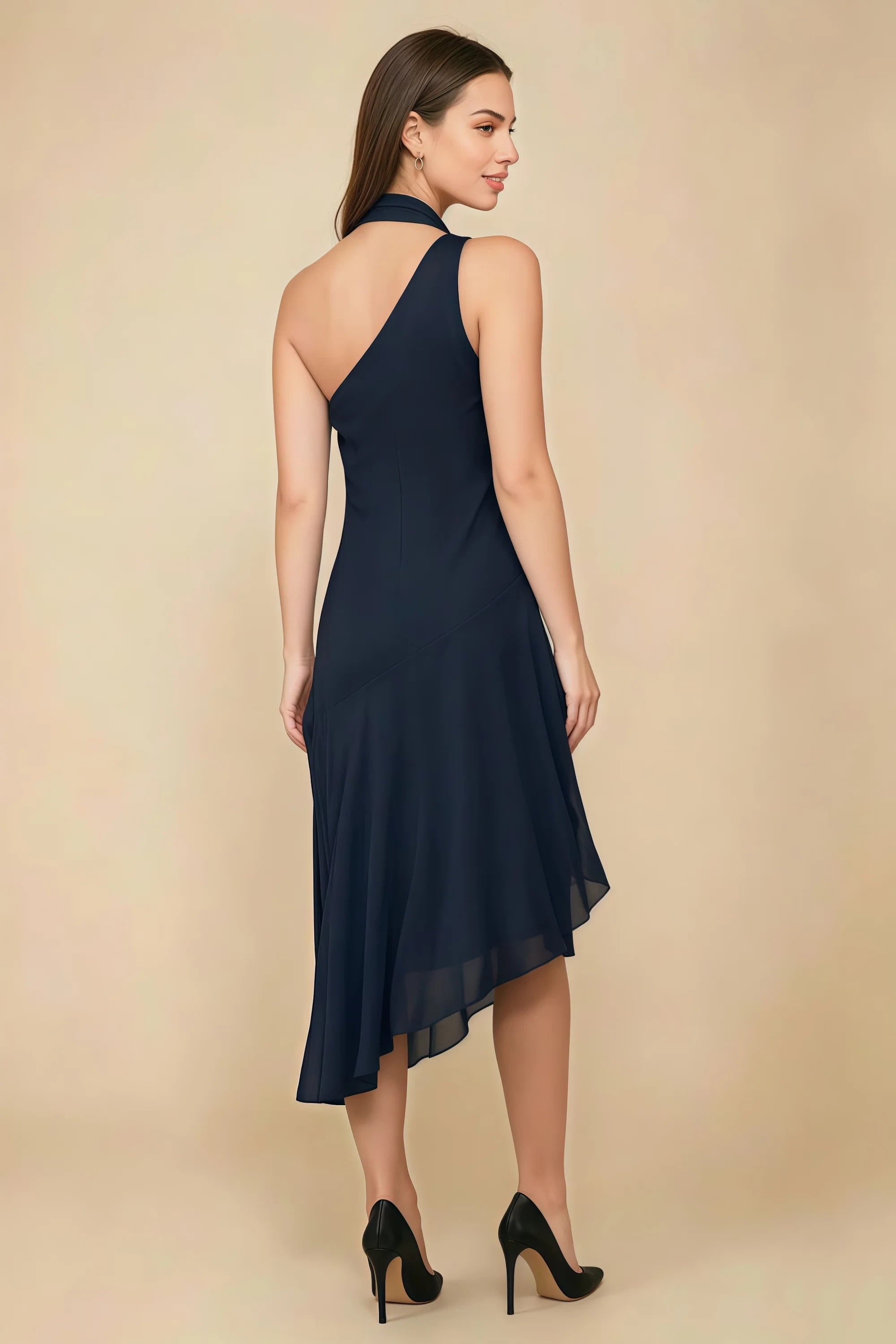 Alma Navy Chiffon One Shoulder Midi Dress with Scarf Secondary image