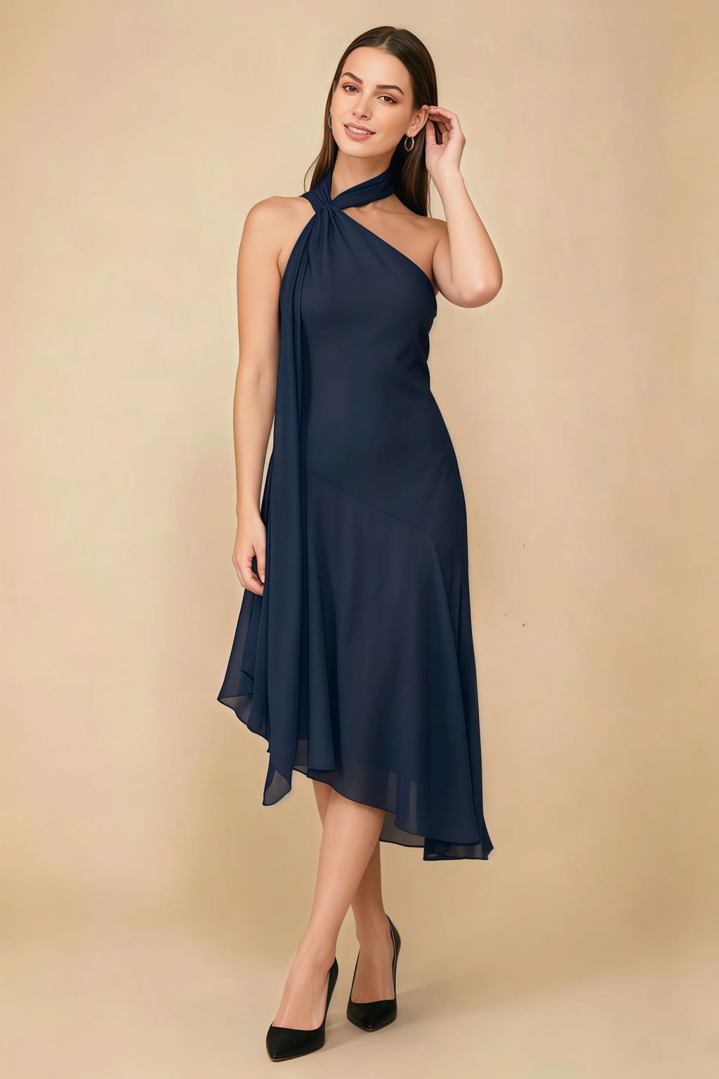Alma Navy Chiffon One Shoulder Midi Dress with Scarf
