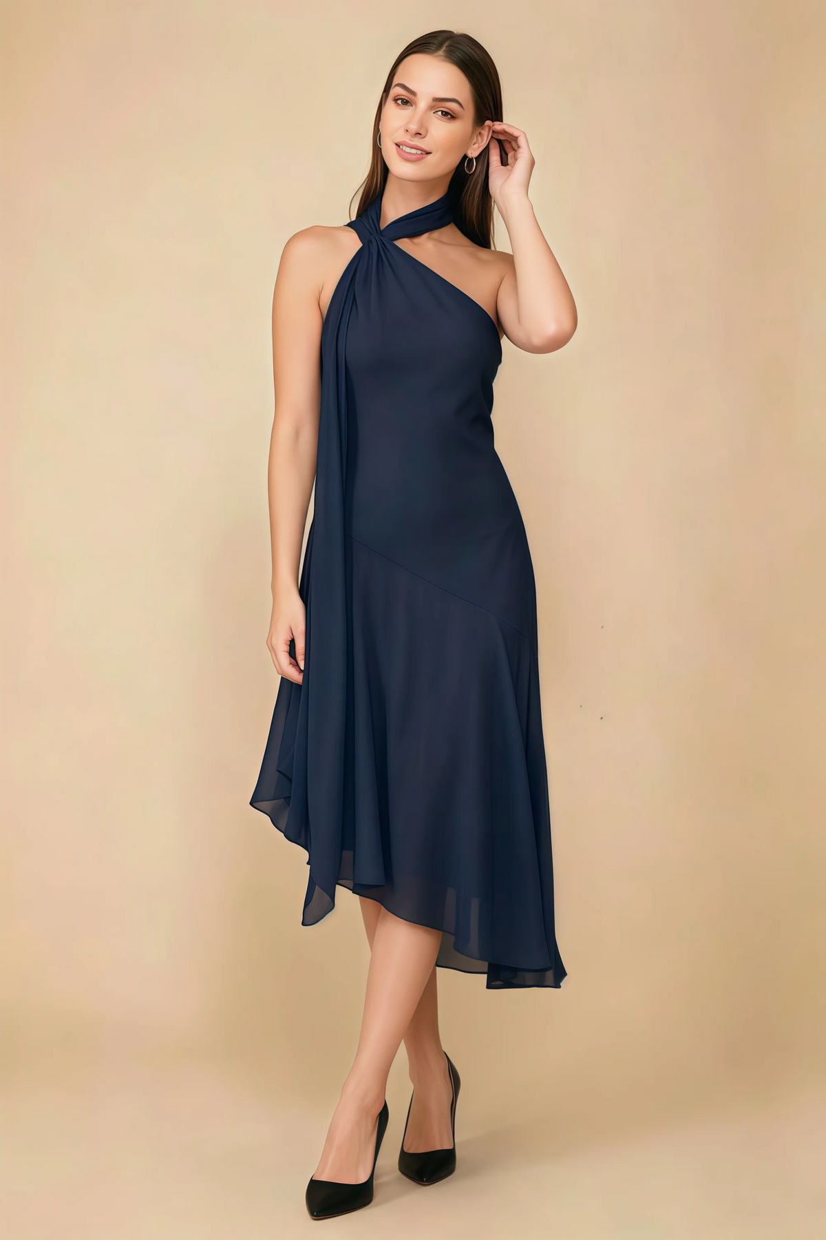 Alma Navy Chiffon One Shoulder Midi Dress with Scarf