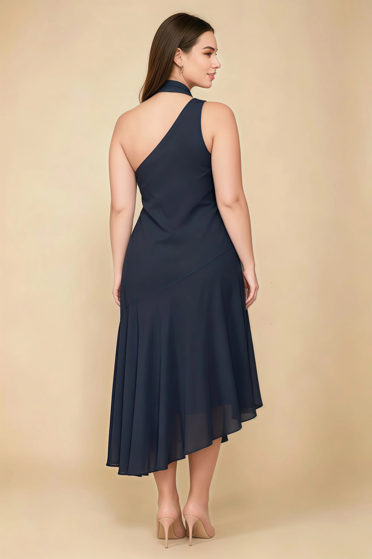 Alma Navy Chiffon One Shoulder Midi Dress with Scarf