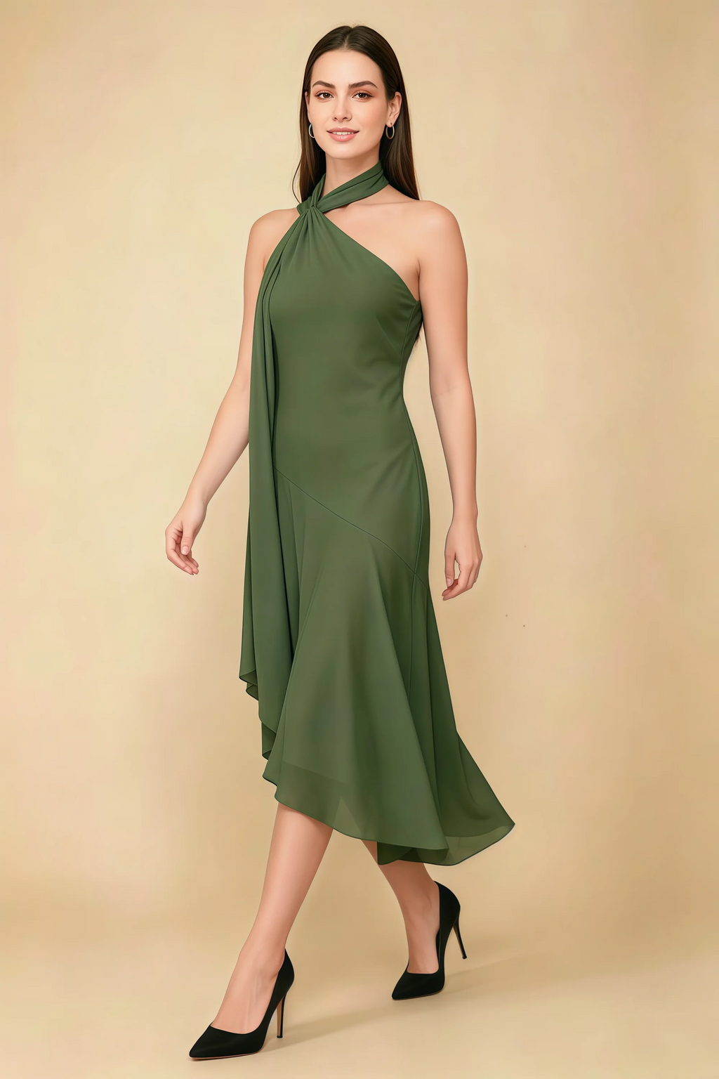 Alma Olive Chiffon One Shoulder Midi Dress with Scarf
