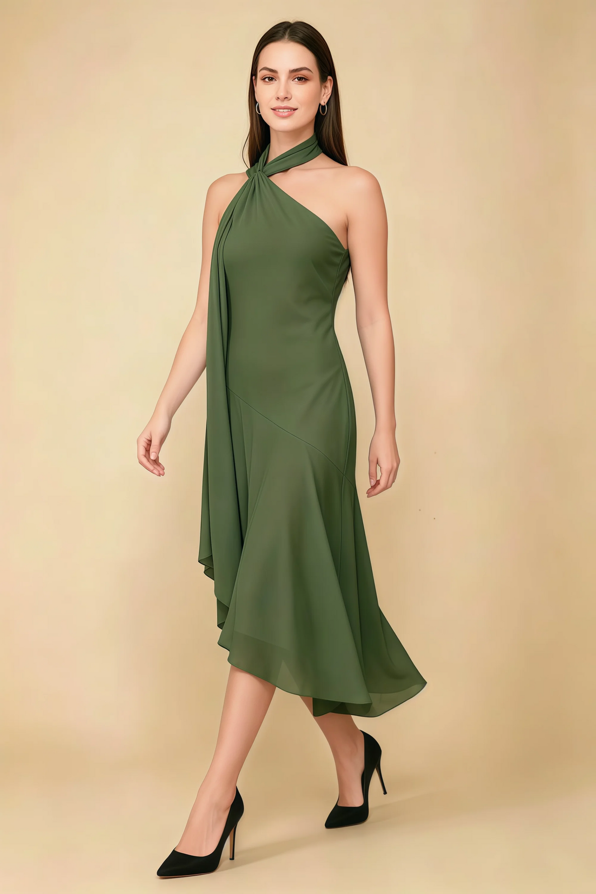 Alma Olive Chiffon One Shoulder Midi Dress with Scarf