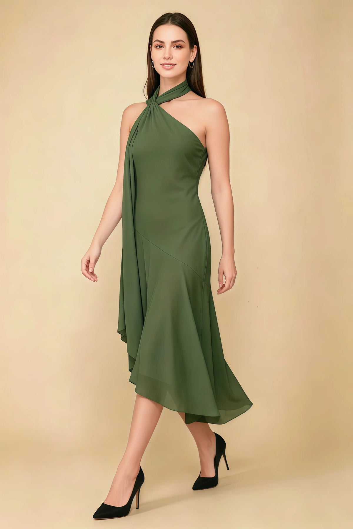 Alma Olive Chiffon One Shoulder Midi Dress with Scarf Imagen principal del producto