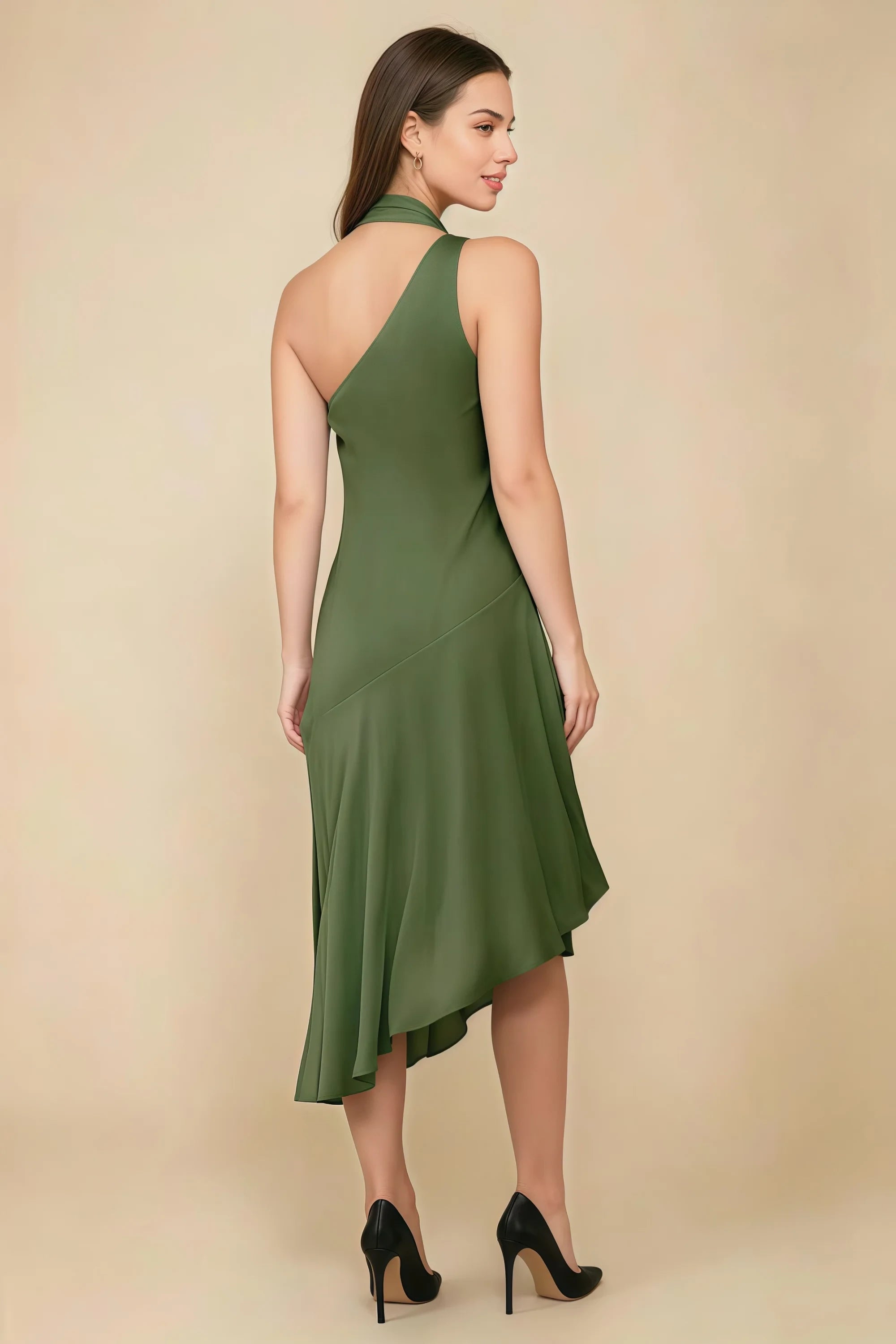 Alma Olive Chiffon One Shoulder Midi Dress with Scarf Imagen secundaria del producto