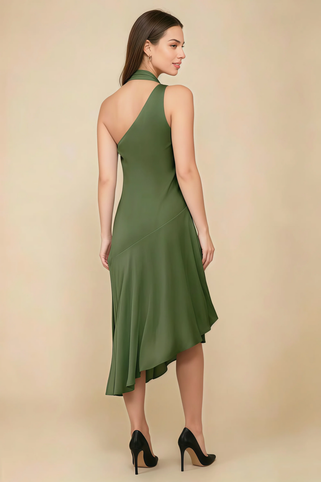 Alma Olive Chiffon One Shoulder Midi Dress with Scarf