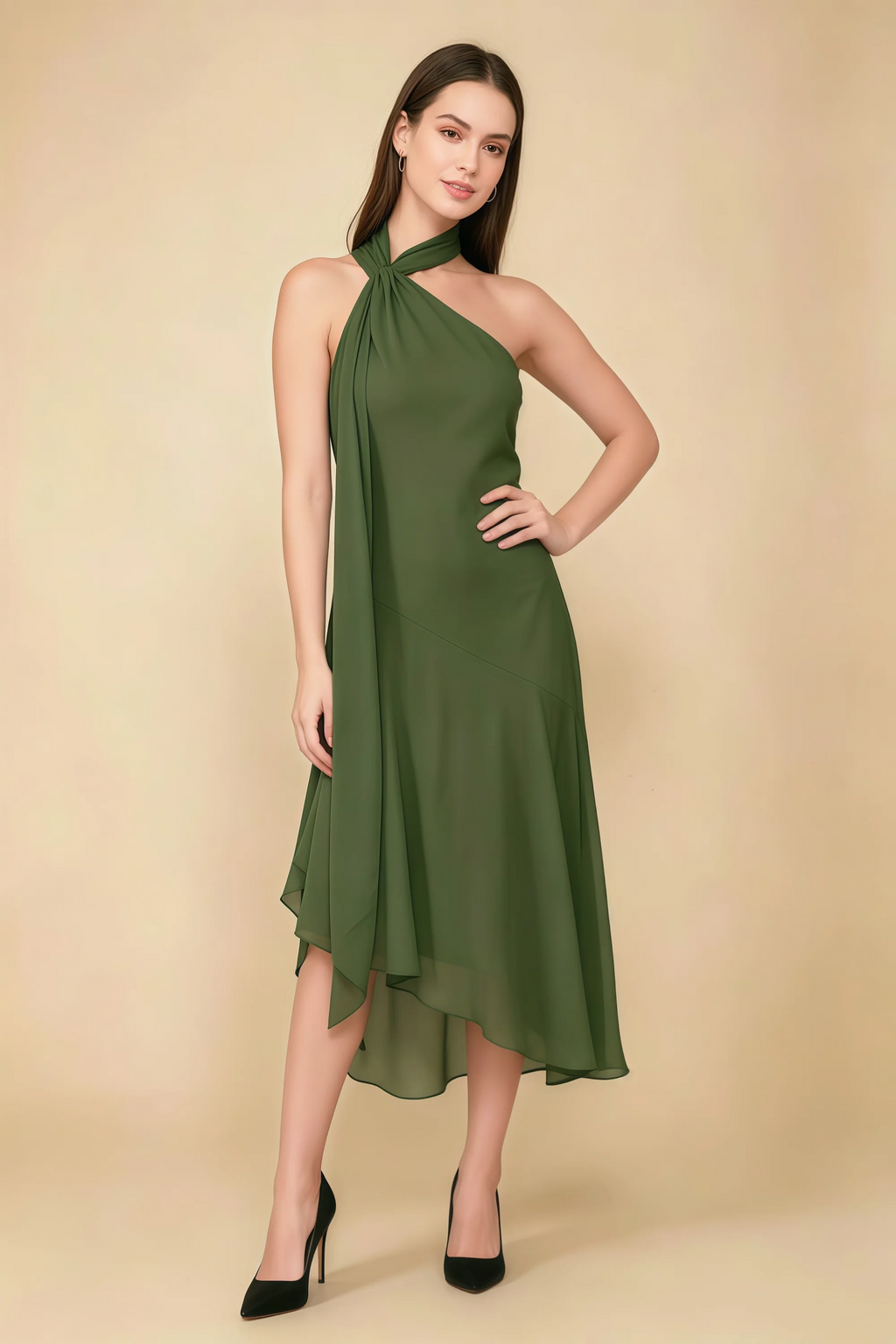 Alma Olive Chiffon One Shoulder Midi Dress with Scarf